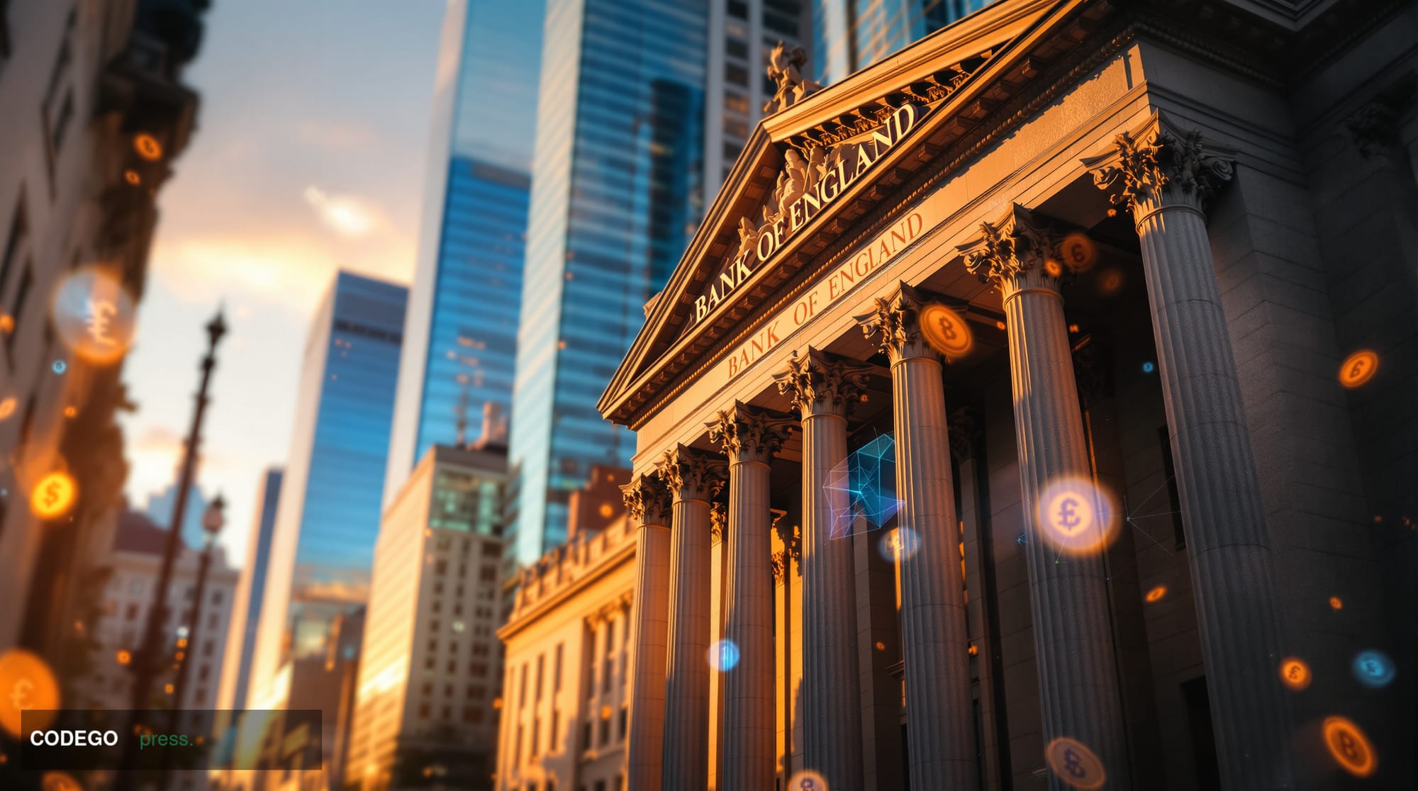 A dramatic photorealistic editorial photograph of the Bank of England's iconic neoclassical facade in the City of London, wit