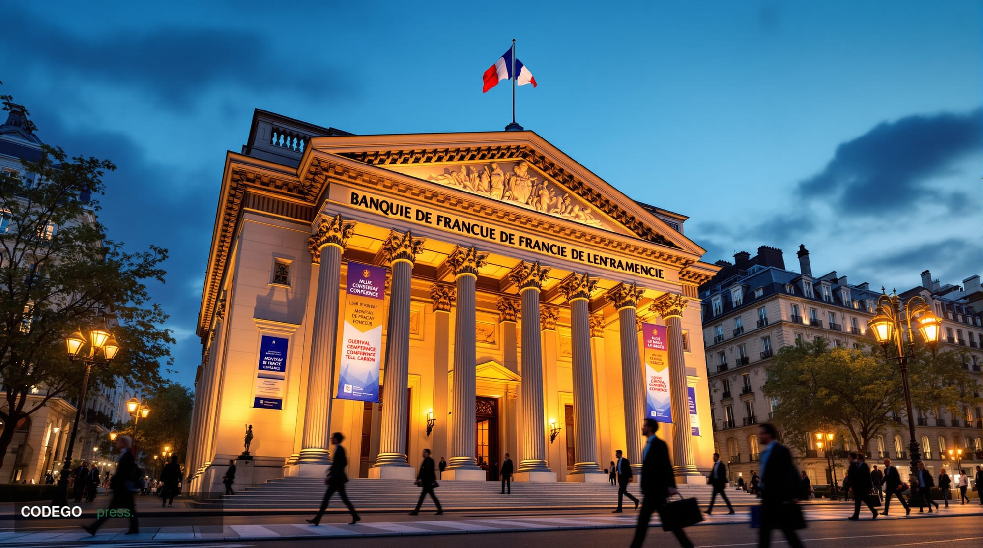 A photorealistic editorial photograph capturing the prestigious Bank of France headquarters on Rue de Rivoli in Paris during 