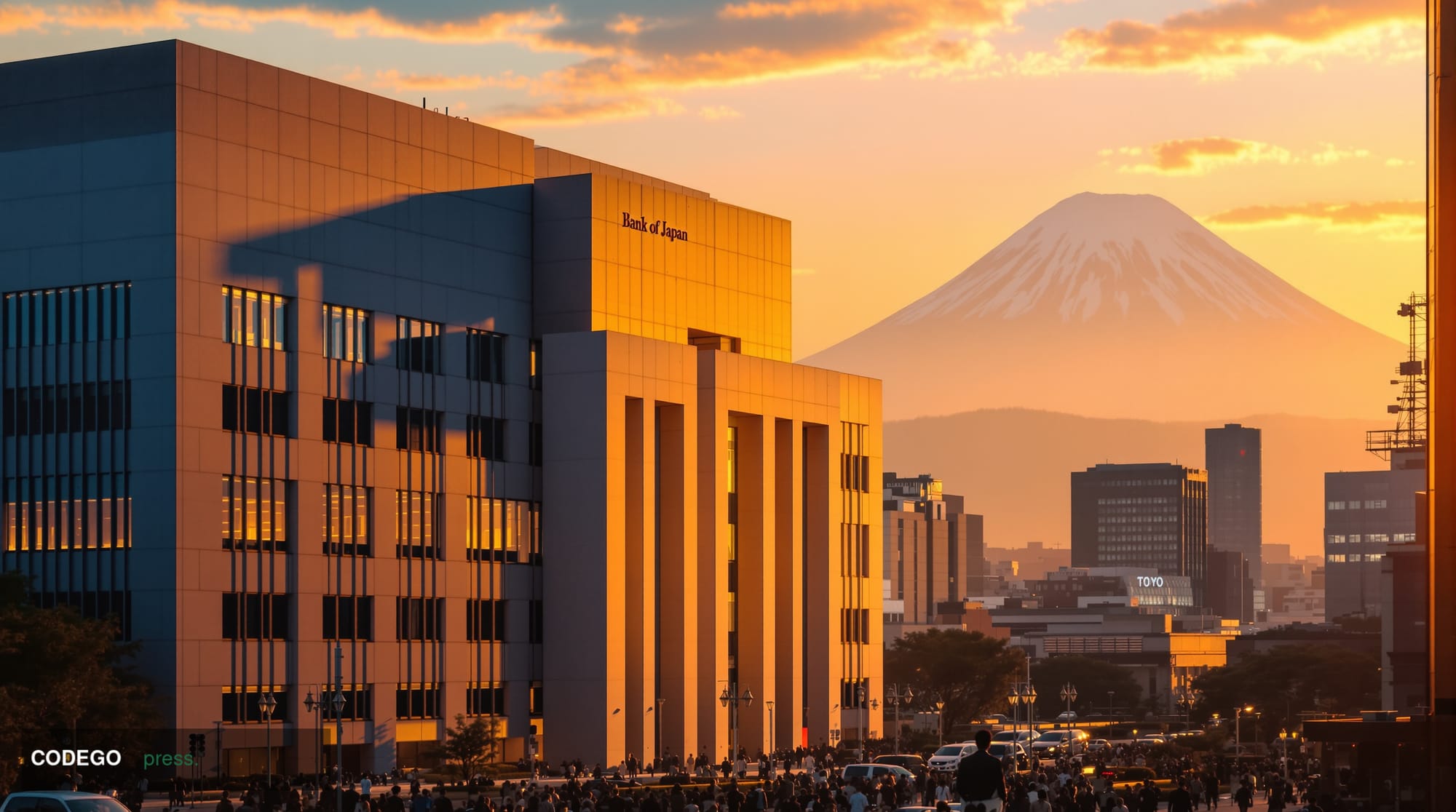 A dramatic cinematic photograph of the Bank of Japan headquarters building in Tokyo's financial district during golden hour, 