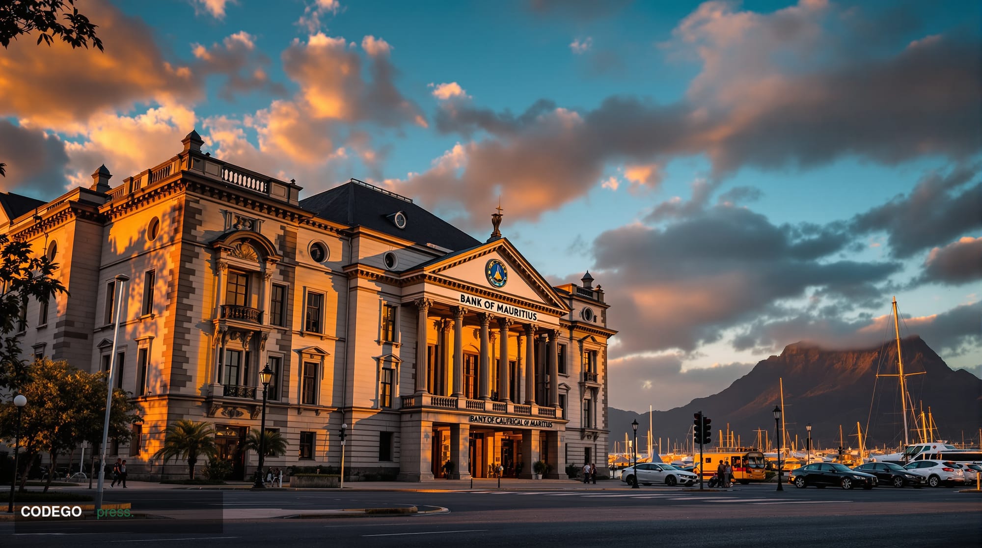 A cinematic editorial photograph of the Bank of Mauritius headquarters building in Port Louis, captured during golden hour wi