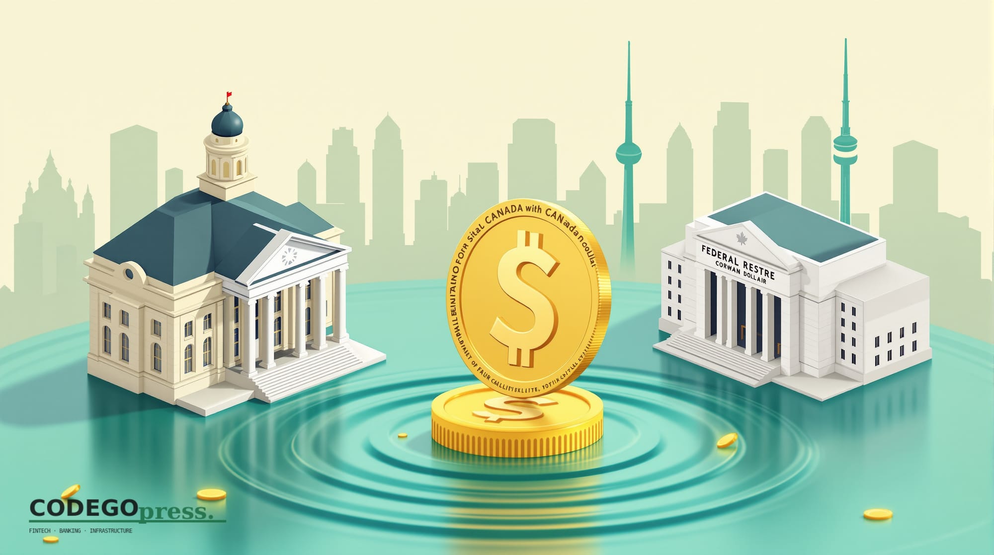 Golden Canadian dollar coin descending through concentric ripples in centre, Bank of Canada neoclassical stone building with 
