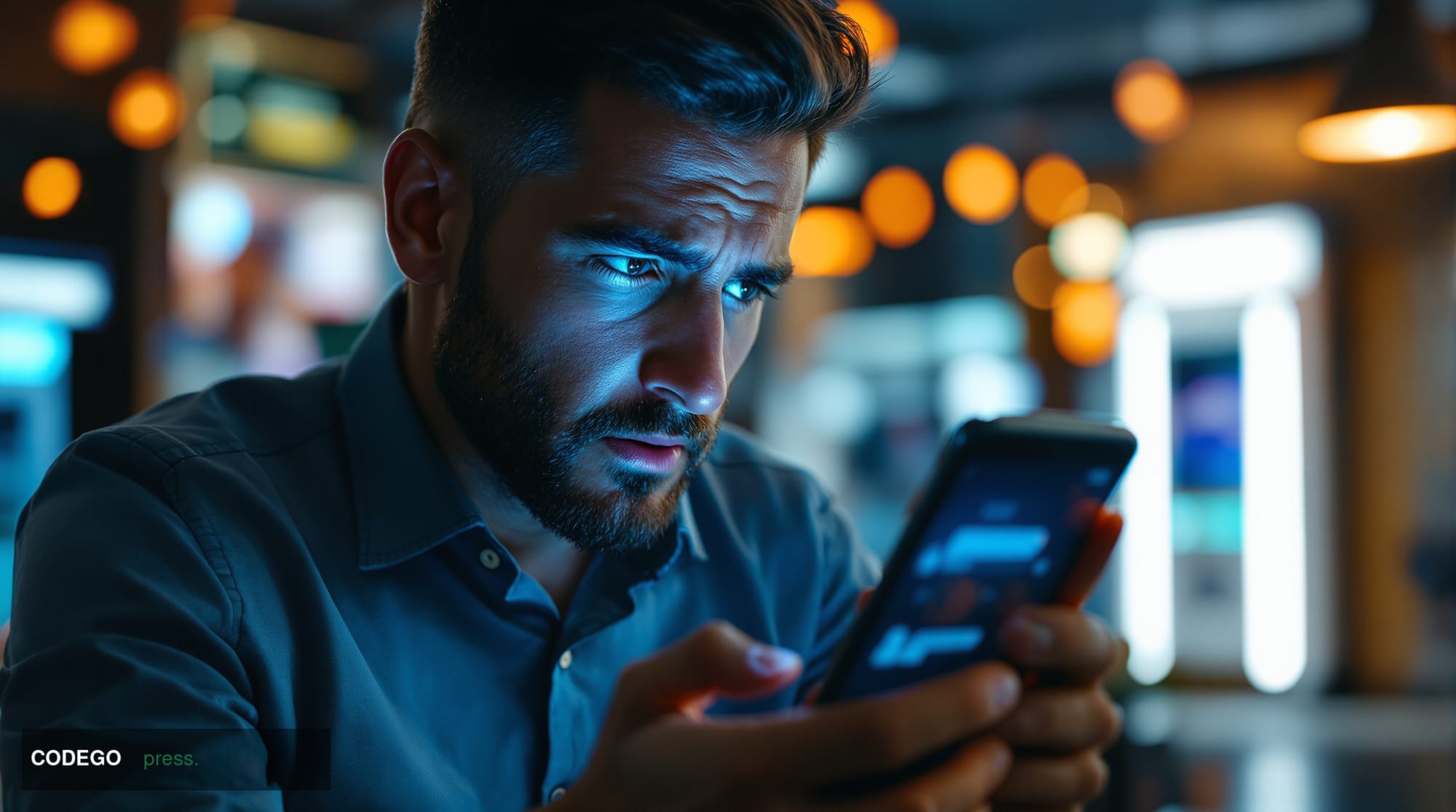 A cinematic editorial photograph showing a frustrated bank customer staring at their smartphone screen displaying a banking a
