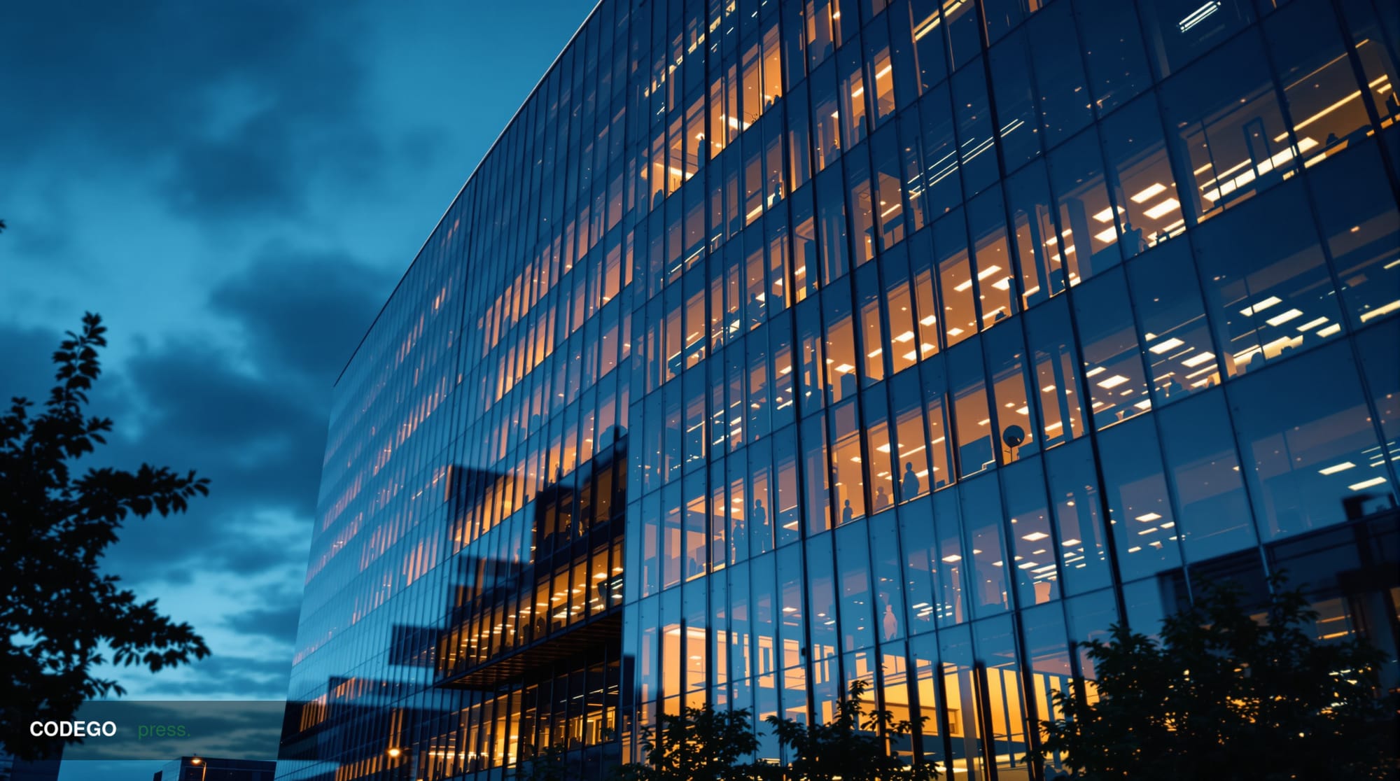 A photorealistic editorial photograph showing a modern banking headquarters building at dusk, with warm golden hour lighting 