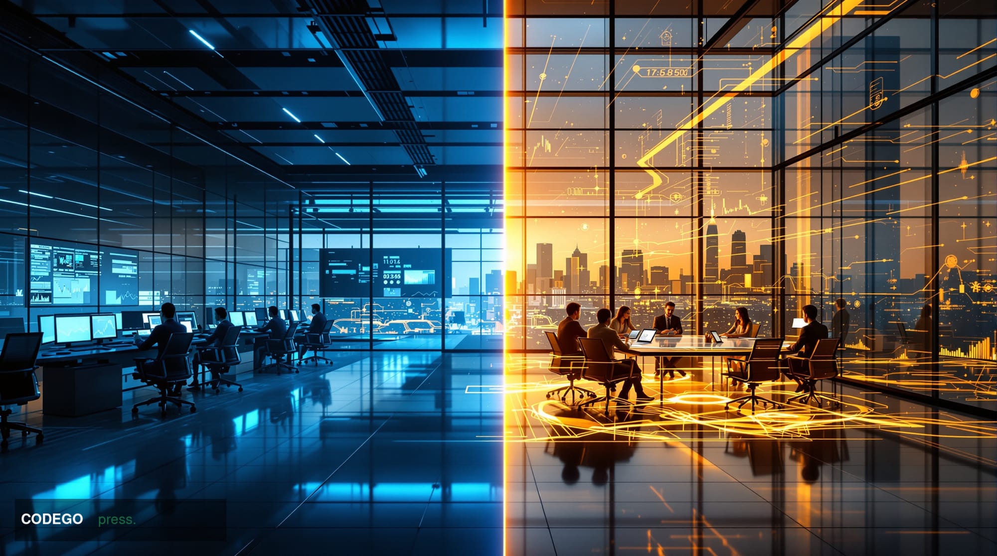 A dramatic split-screen composition showing two contrasting scenes of banking's AI transformation. Left side: empty trading f
