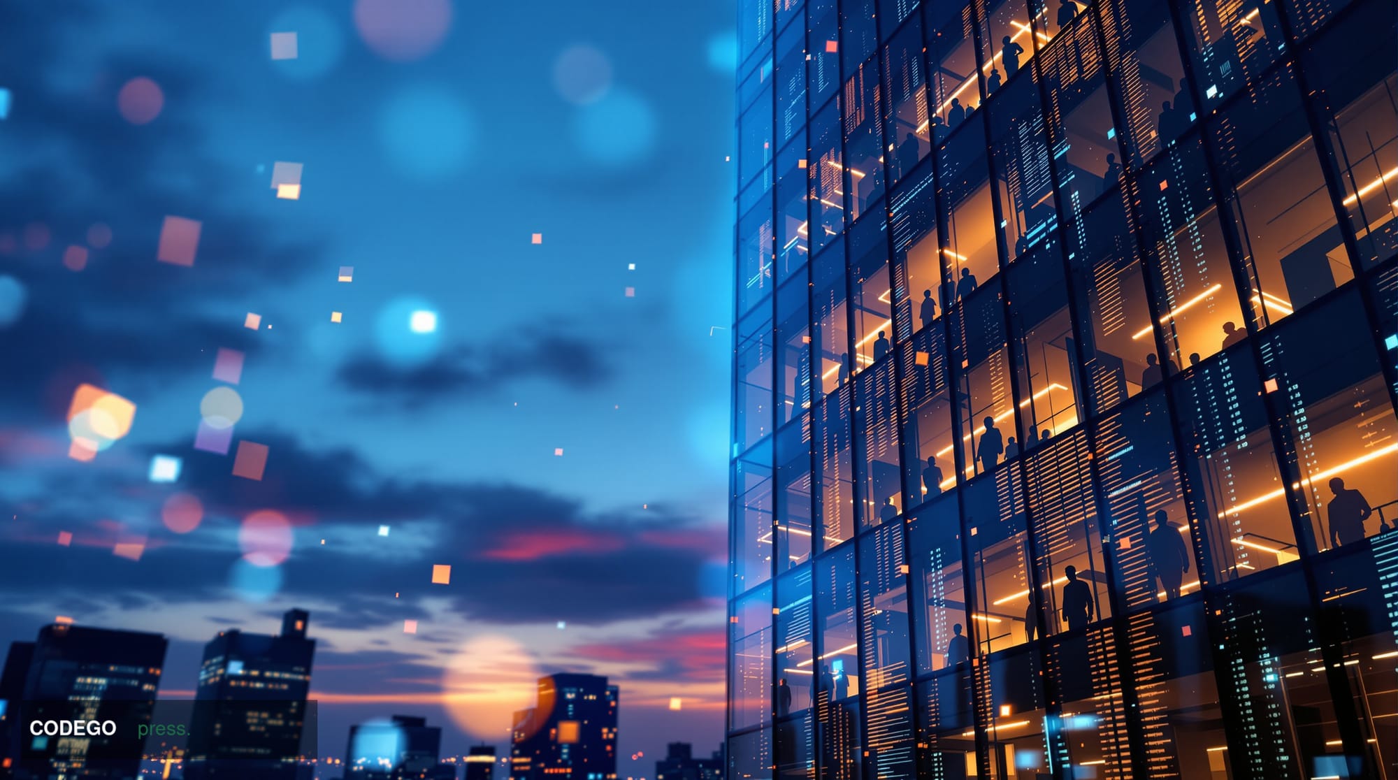 A dramatic photorealistic editorial photograph showing the imposing glass facade of a major banking headquarters at dusk, wit