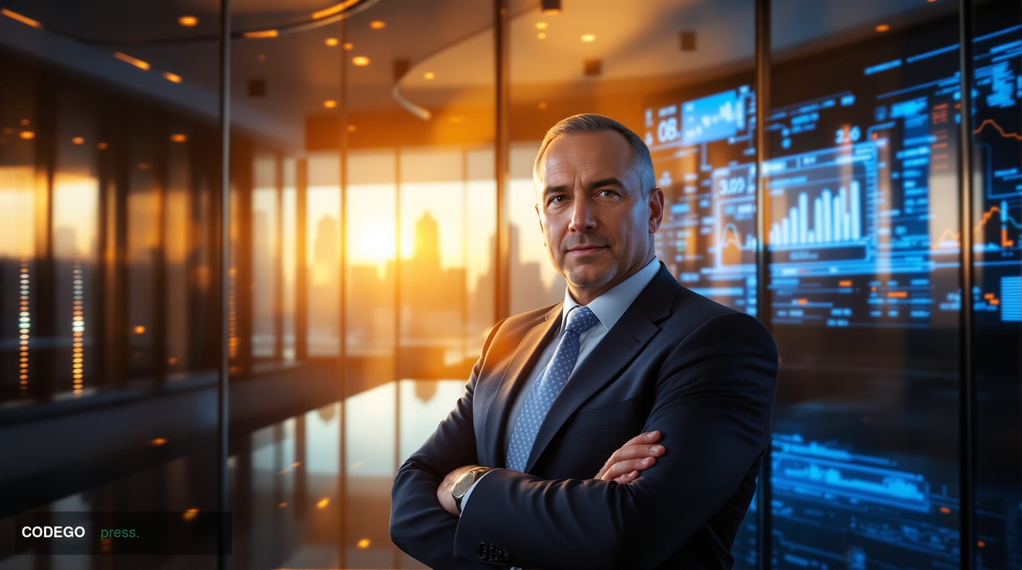 A powerful executive portrait showing a confident technology leader in a modern bank's glass-walled boardroom, with multiple 