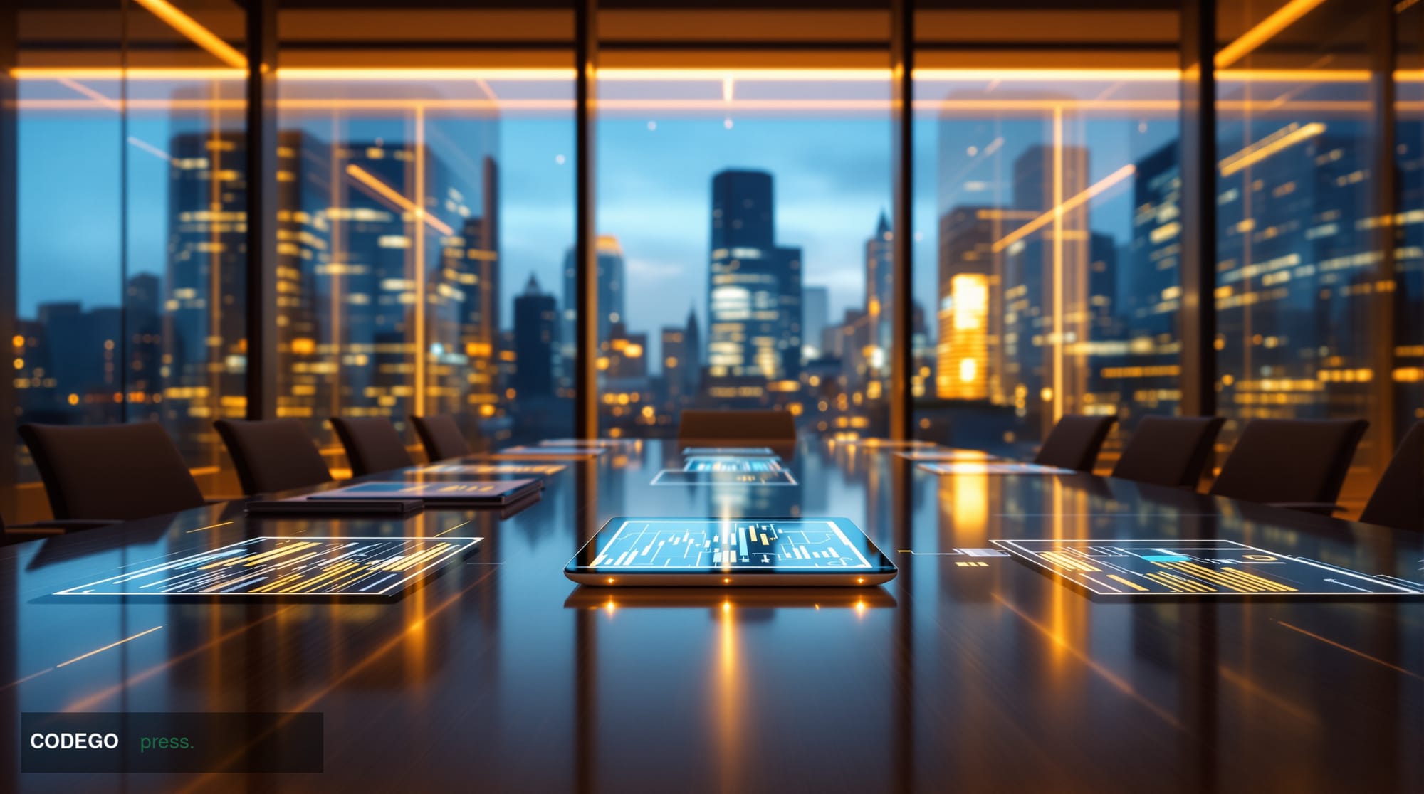 A cinematic editorial photograph capturing a modern financial institution's digital transformation. The scene shows a sleek g