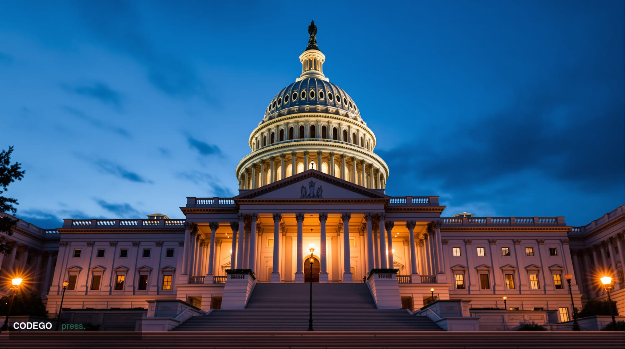 A cinematic editorial photograph of the United States Capitol building's iconic dome and neoclassical architecture, shot from