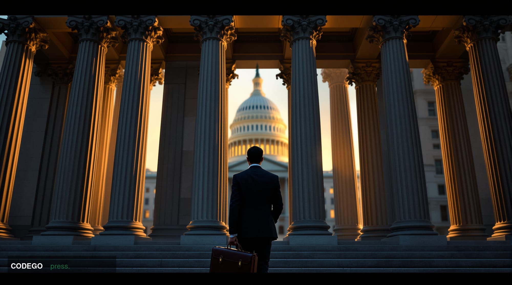 A dramatic photorealistic editorial photograph capturing the intersection of traditional banking and digital finance regulati