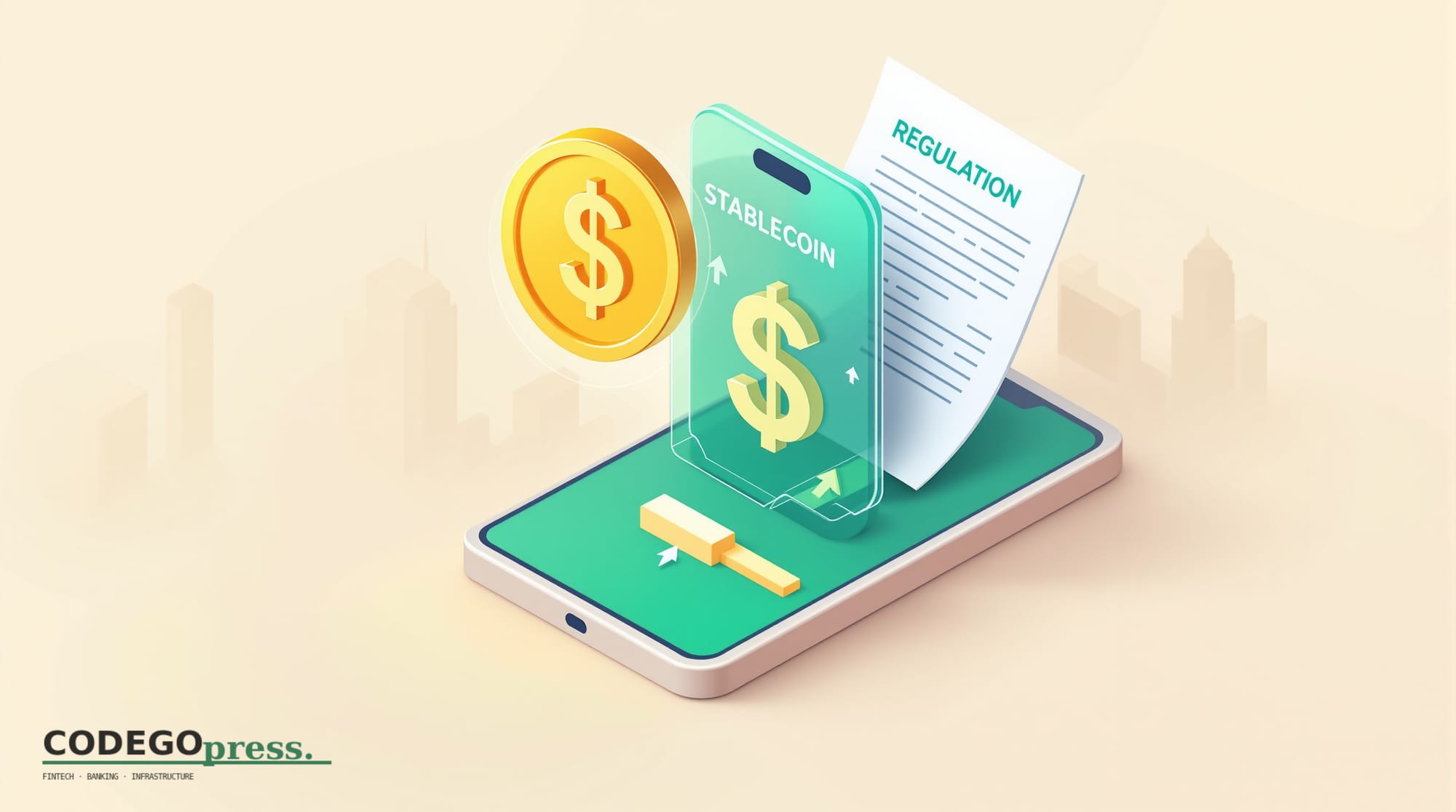 flat 3D isometric vector editorial illustration showing a banking app interface on a smartphone screen displaying a stablecoi