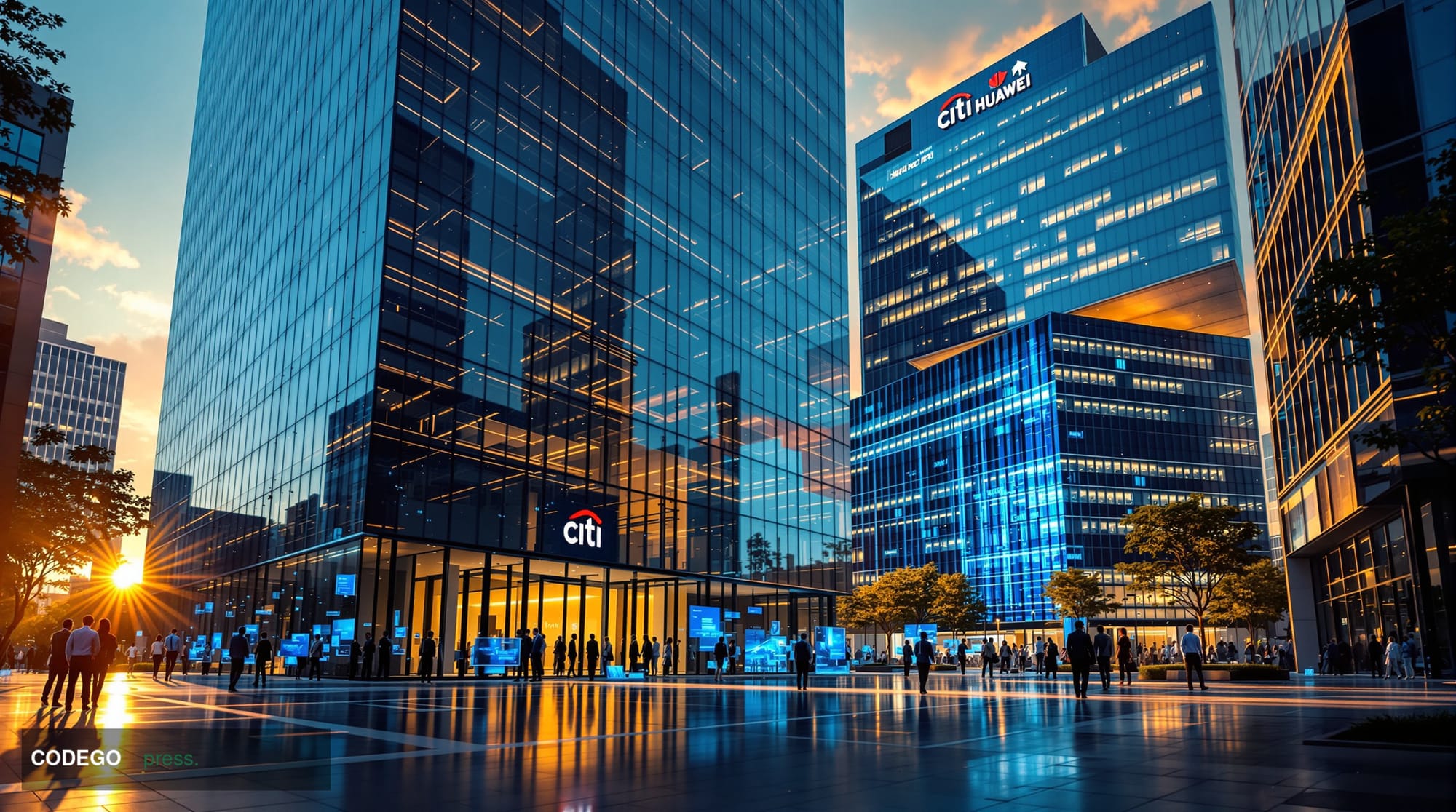 A photorealistic editorial photograph capturing the intersection of traditional and digital banking transformation. The scene