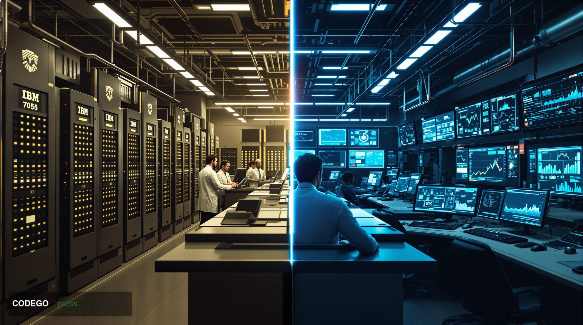 A striking split-screen composition showing banking's technological evolution across seven decades. Left side: a vintage 1950