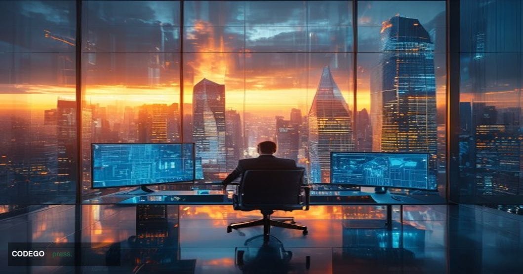 A cinematic editorial photograph capturing a modern banking futurist's workspace overlooking a sprawling metropolitan financi