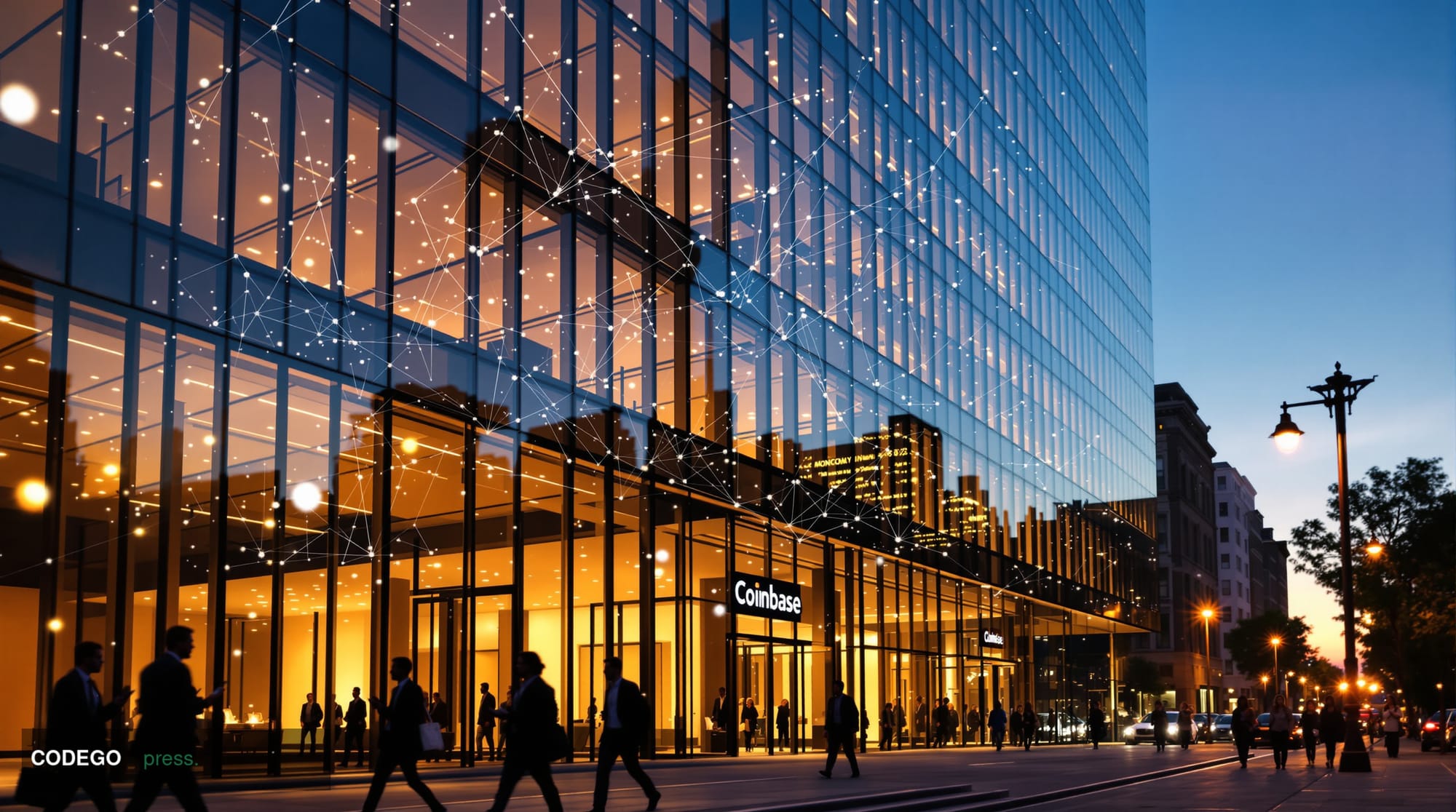 A photorealistic editorial photograph showing the modern glass exterior of Coinbase's headquarters building in San Francisco'