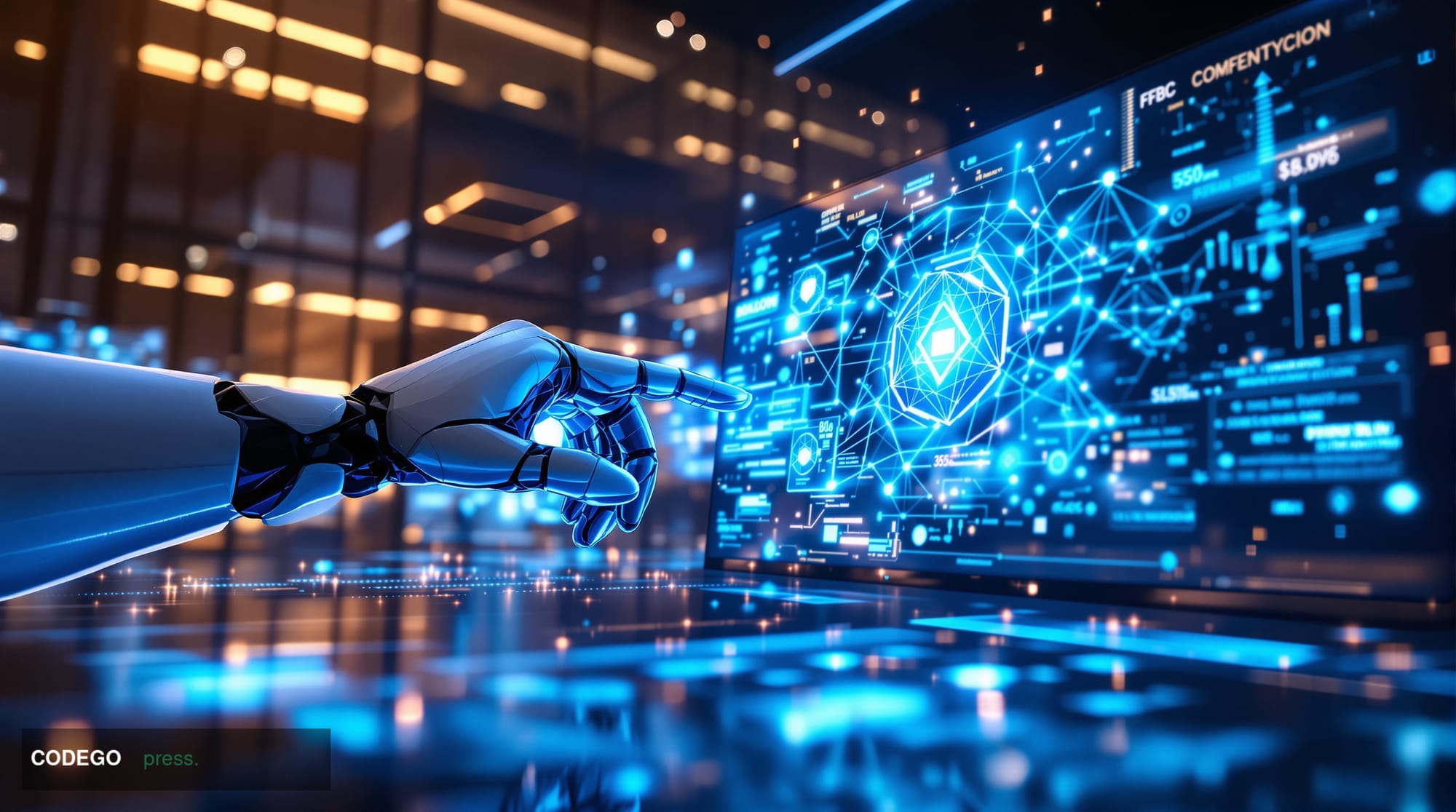 A photorealistic editorial photograph showcasing the convergence of artificial intelligence and cryptocurrency technology. Th
