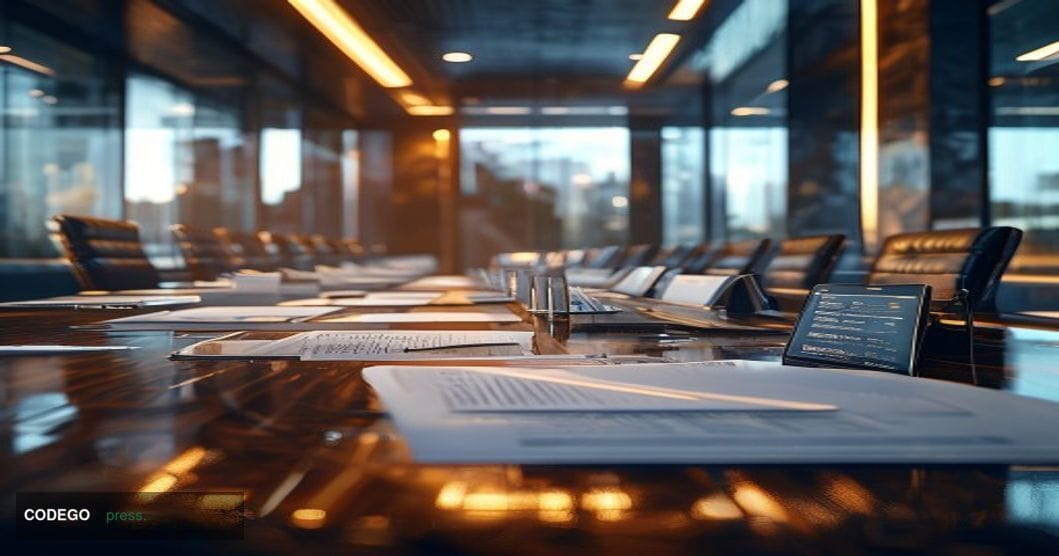 A photorealistic editorial photograph capturing a sophisticated institutional boardroom setting with regulatory documents and