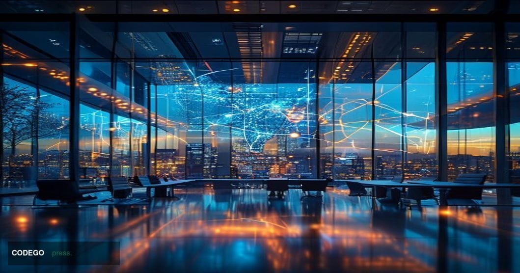 A cinematic editorial photograph of a modern institutional research facility with floor-to-ceiling glass windows displaying b