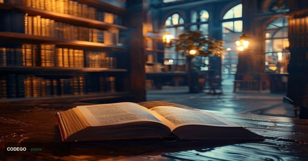 A photorealistic editorial photograph showing a sophisticated bookstore or publishing house interior with dramatic chiaroscur