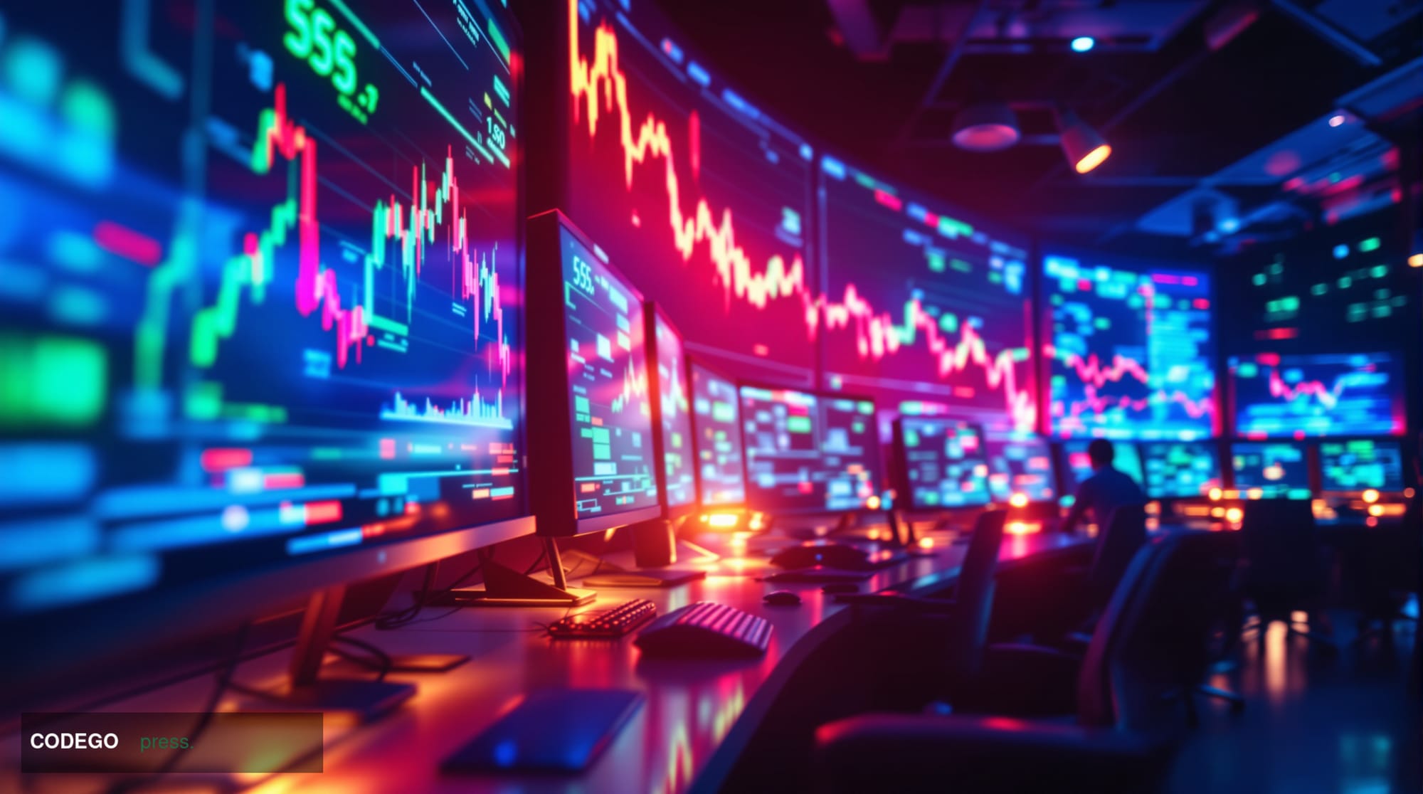A striking editorial photograph showing a modern cryptocurrency trading floor or digital exchange office interior, with multi