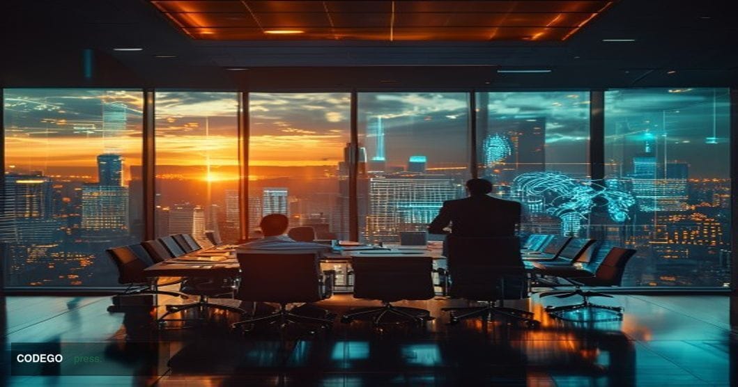A cinematic editorial photograph capturing the intersection of traditional venture capital and artificial intelligence advanc