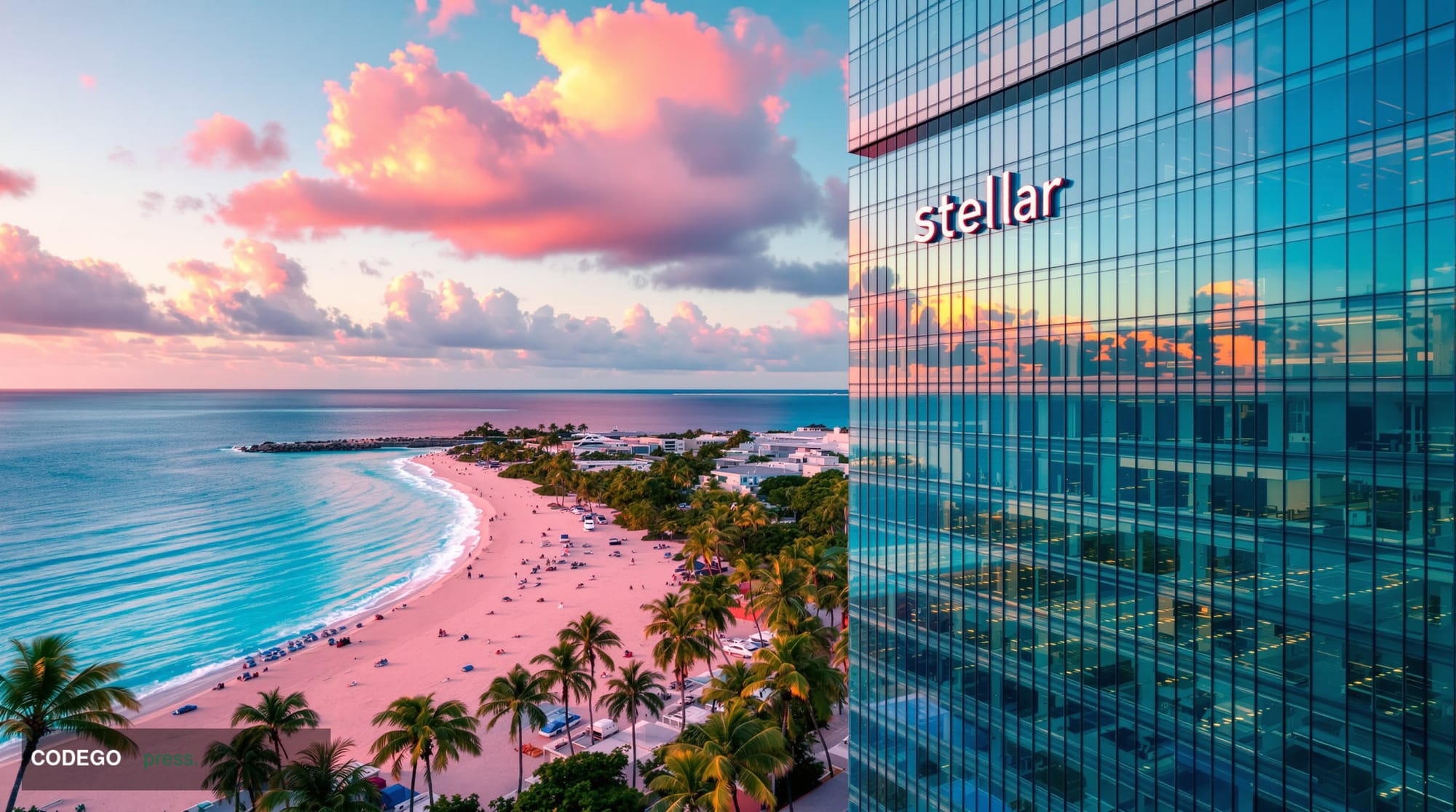 A cinematic editorial photograph of Hamilton, Bermuda's iconic pink sand beaches and turquoise waters in the background, with