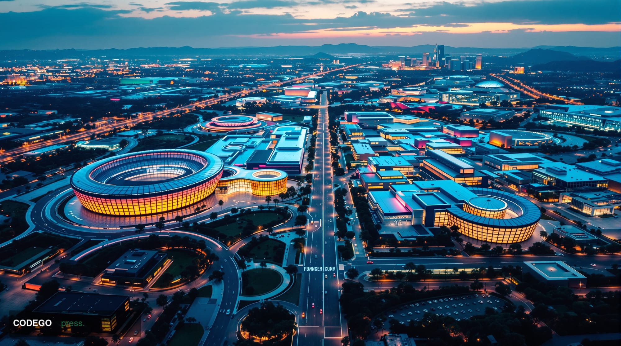 A dramatic aerial view of Silicon Valley's tech corridor featuring the recognizable headquarters of major tech companies - th