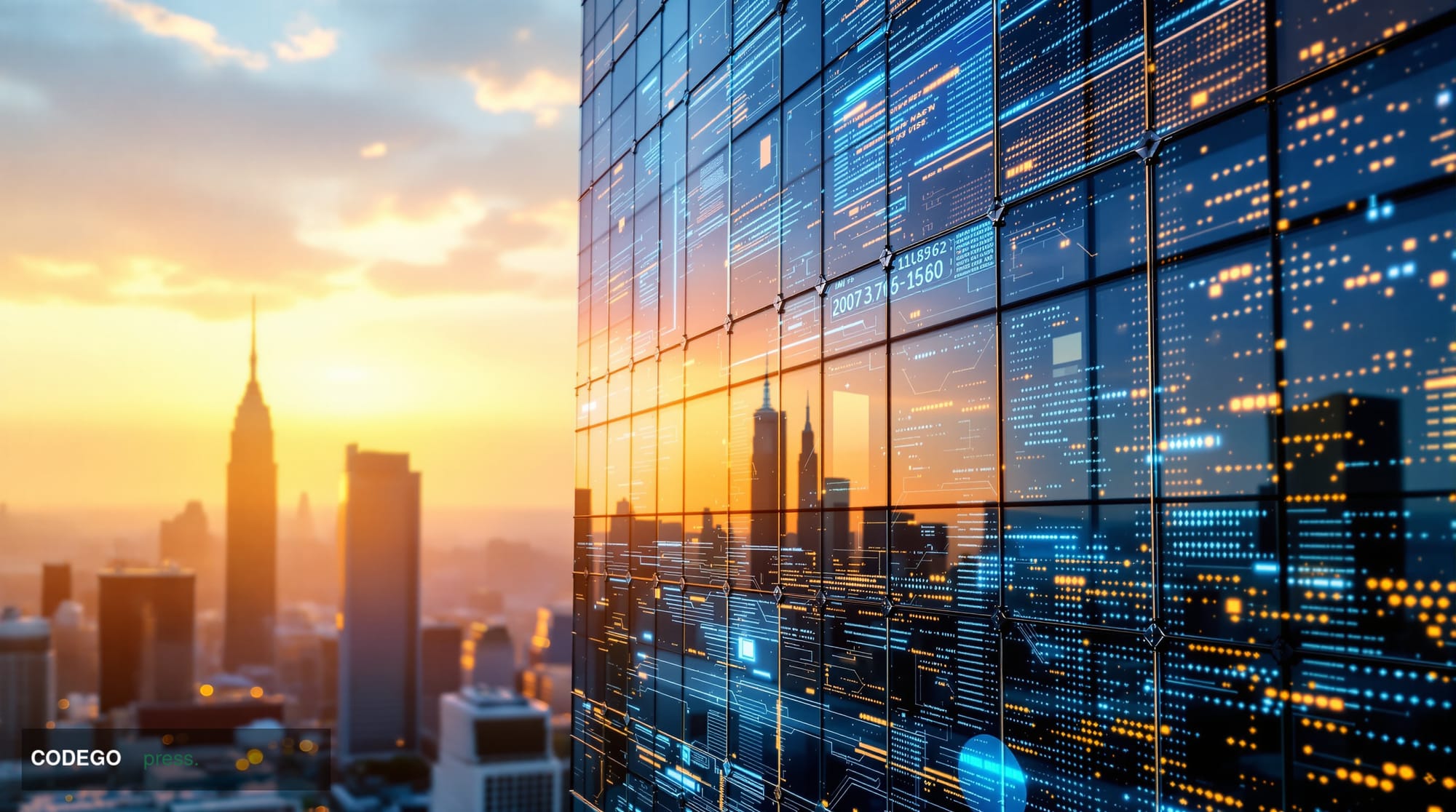 A cinematic editorial photograph of Binance's corporate headquarters exterior in a modern financial district, featuring the r