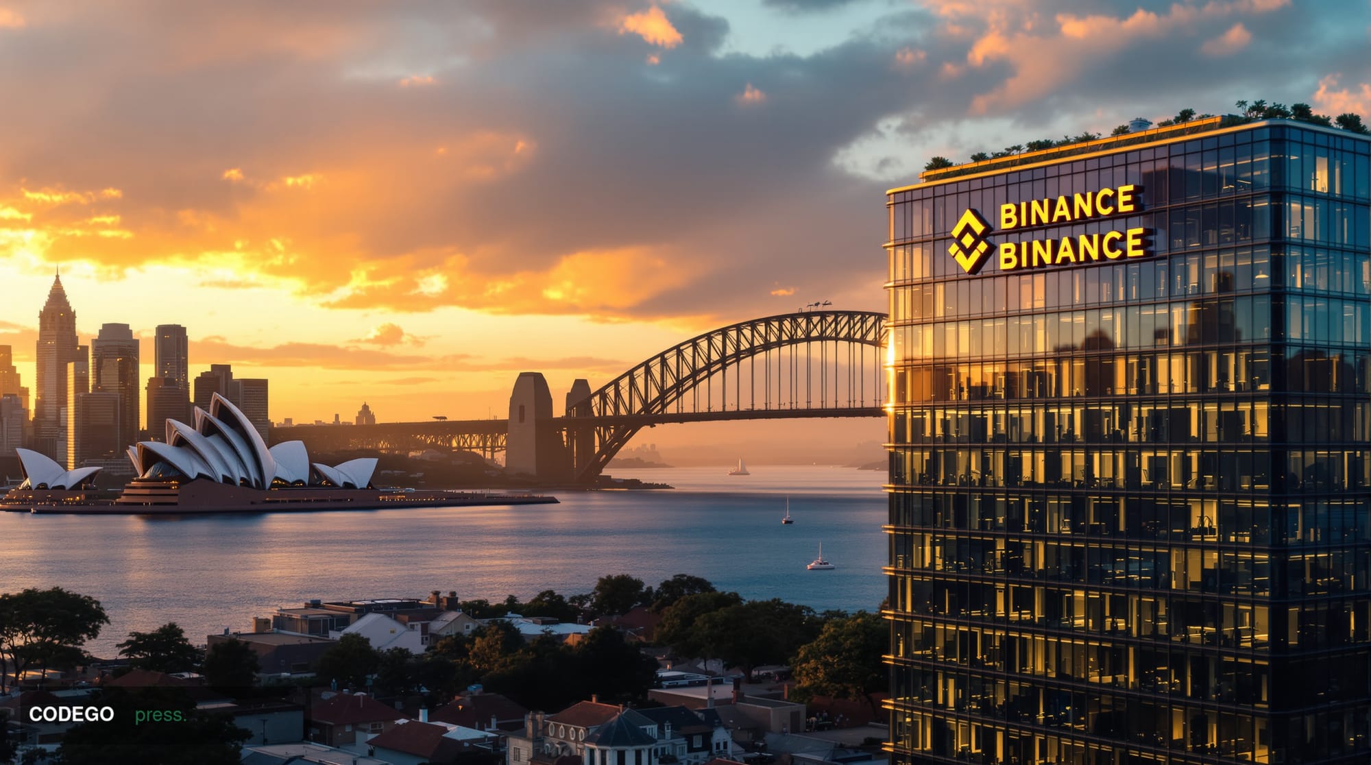 A photorealistic editorial photograph of the iconic Sydney Opera House and Harbour Bridge skyline at dawn, with the warm gold