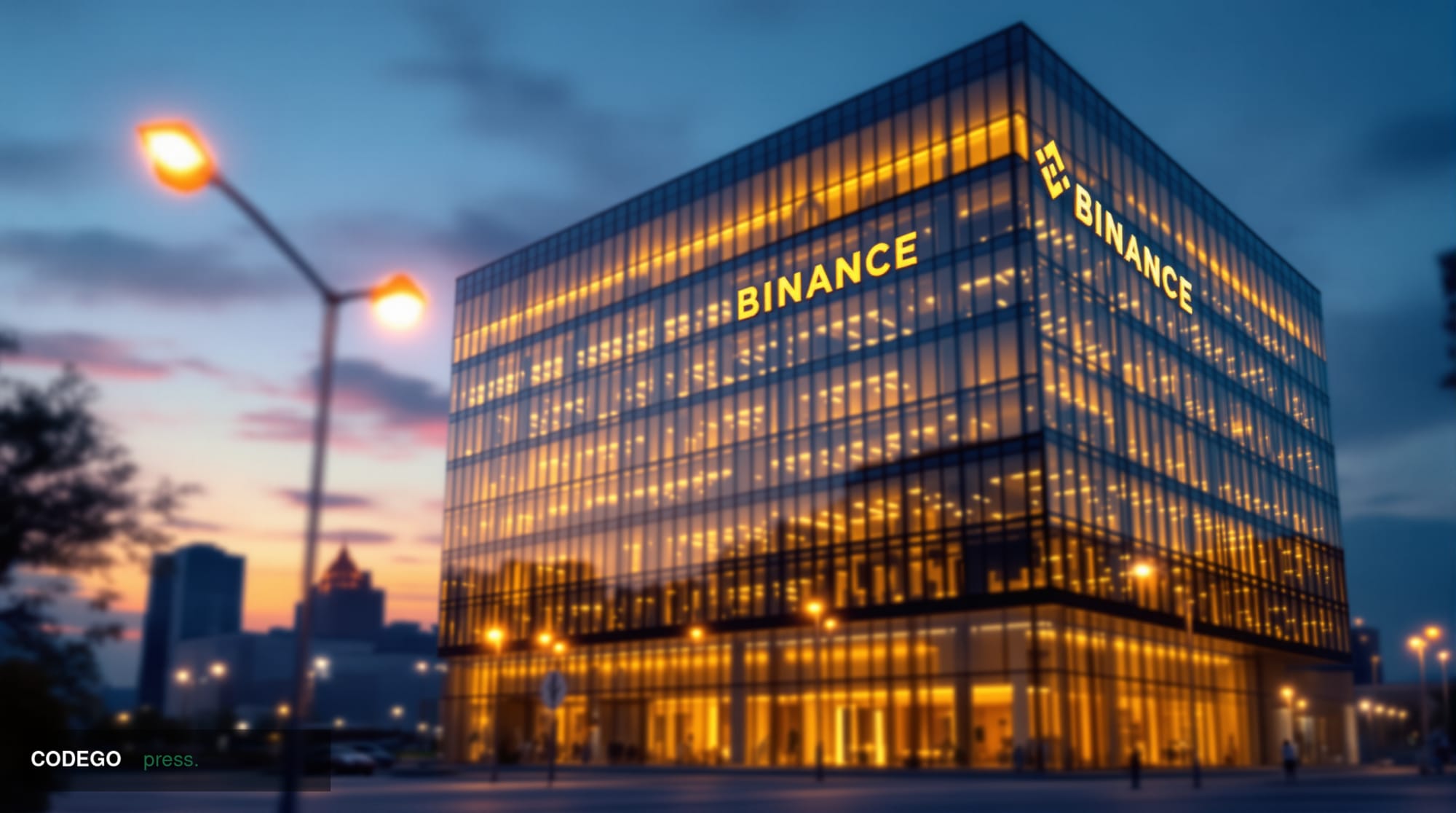 Photorealistic editorial photograph of Binance's corporate headquarters building exterior in dramatic evening lighting, with 