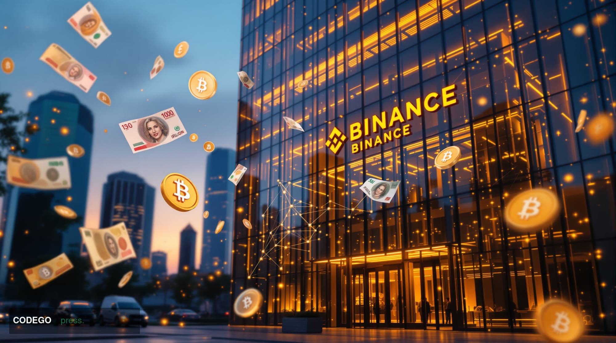 A dramatic photorealistic editorial photograph showing Binance's modern glass headquarters building in an urban financial dis