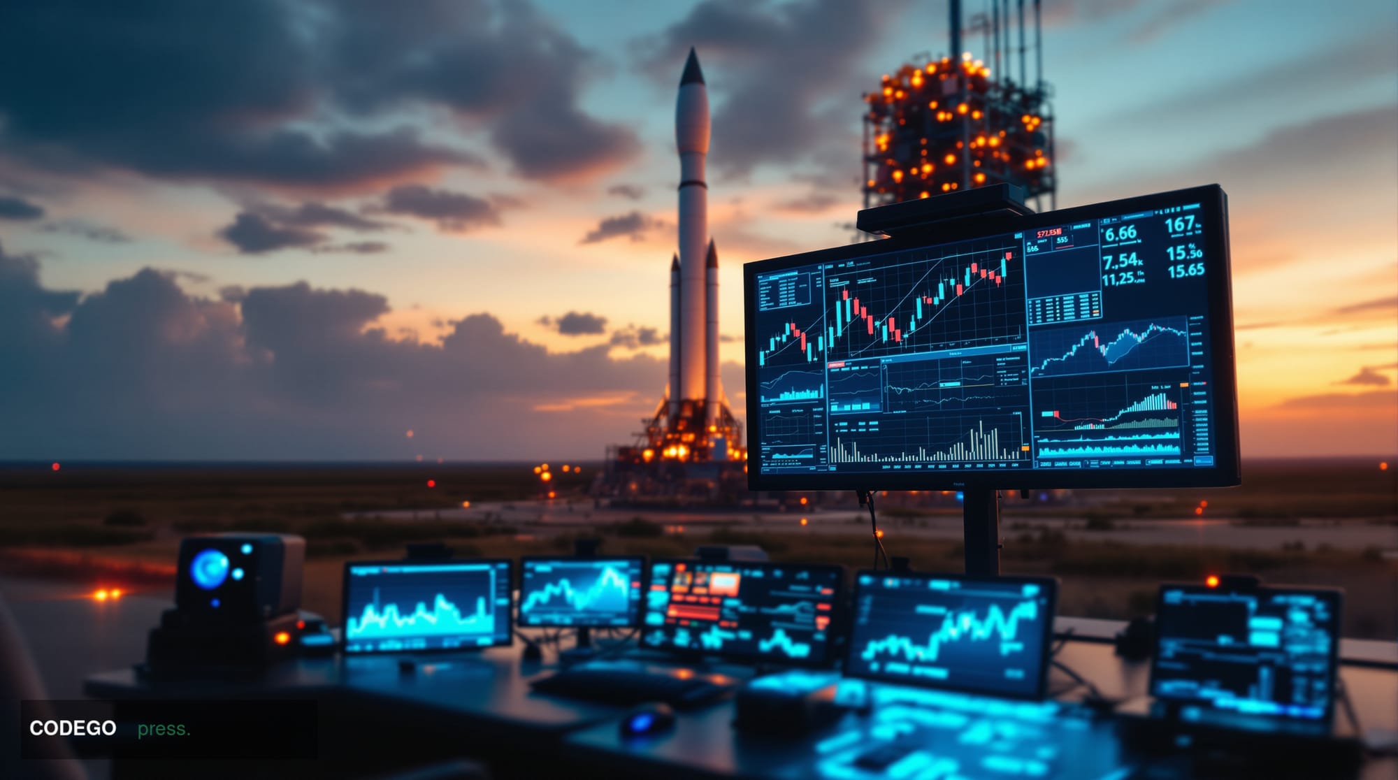 A cinematic editorial photograph capturing the intersection of crypto and aerospace innovation, featuring the recognizable Sp