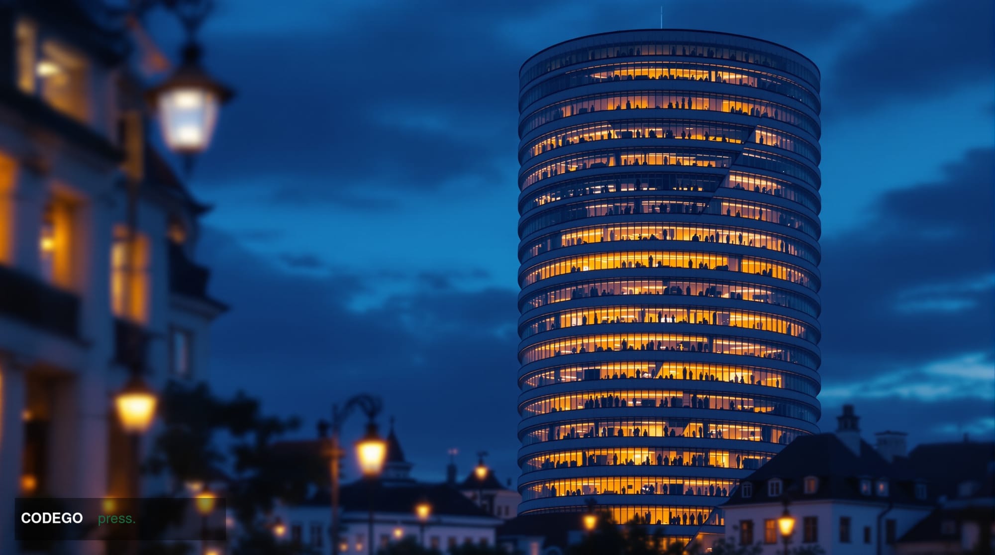 A photorealistic editorial photograph showing the imposing modernist architecture of the Bank for International Settlements t