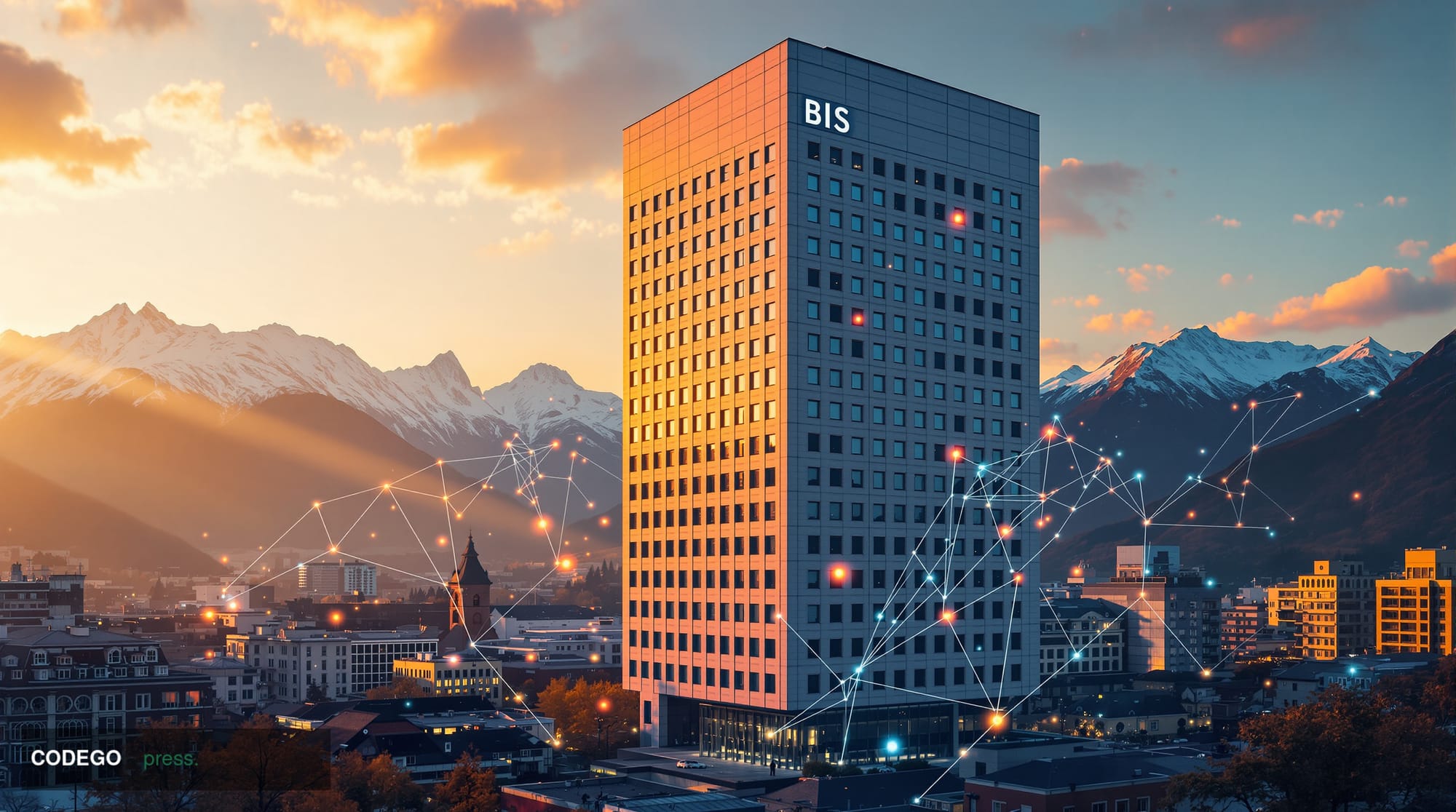 A photorealistic editorial photograph showcasing the Bank for International Settlements headquarters in Basel, Switzerland. T