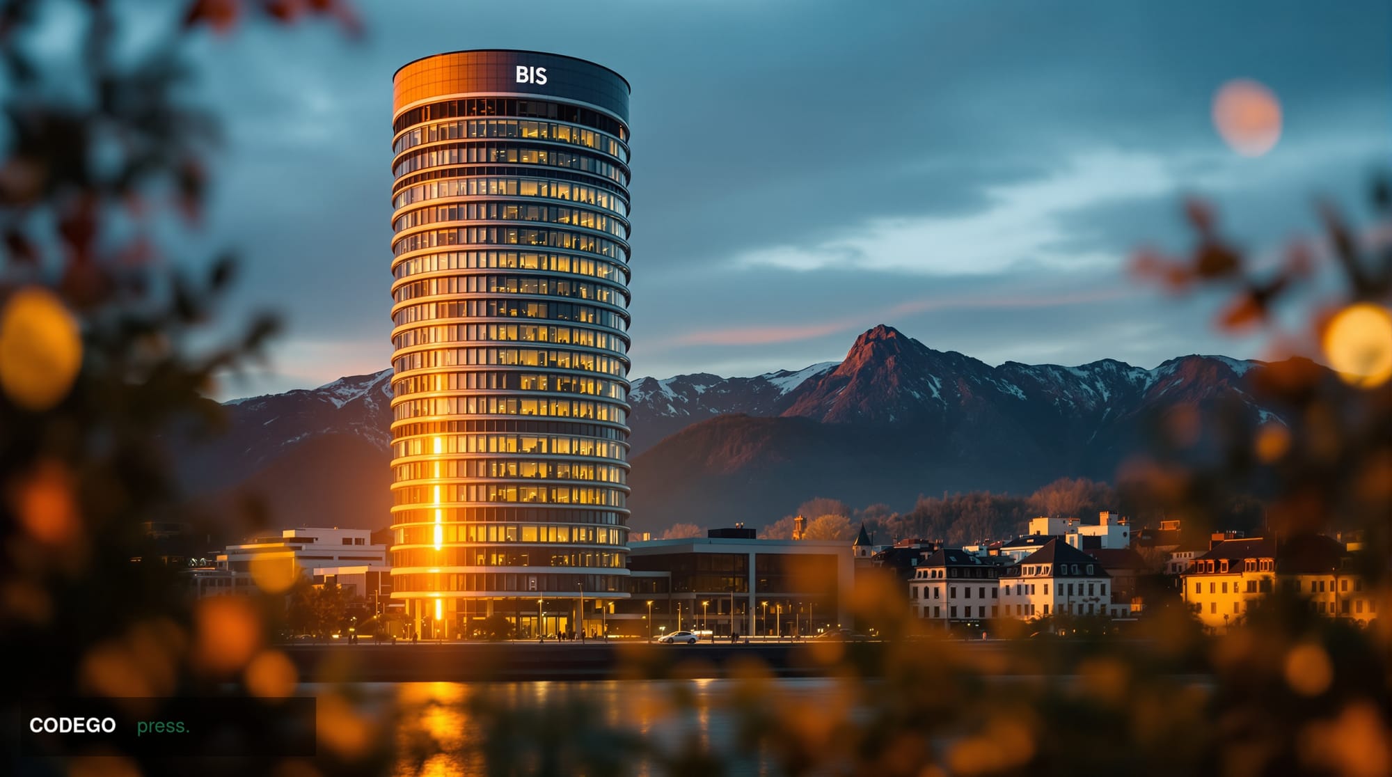 A cinematic editorial photograph of the Bank for International Settlements headquarters tower in Basel, Switzerland, captured