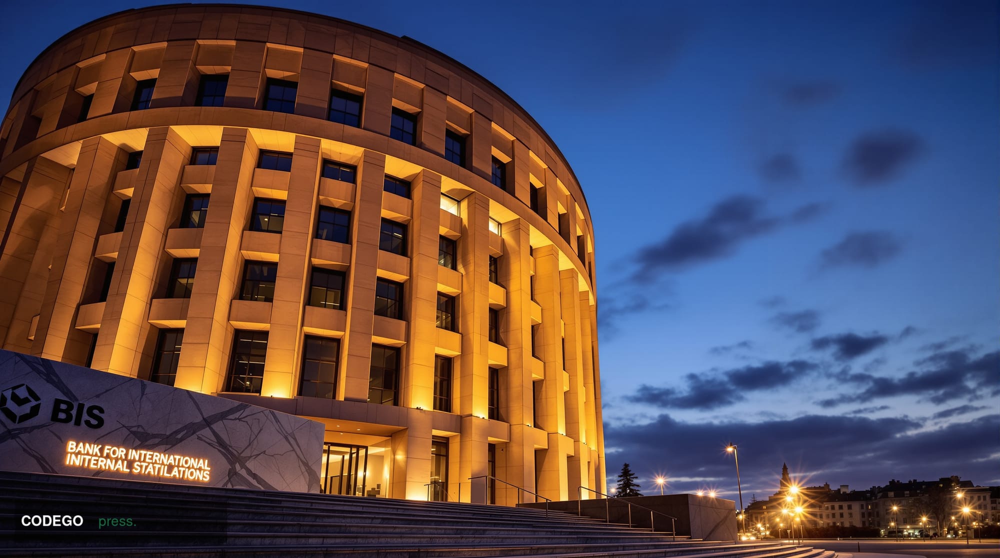 A dramatic wide-angle photograph of the Bank for International Settlements headquarters tower in Basel, Switzerland, captured