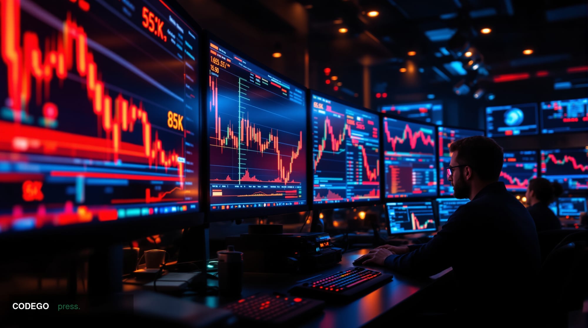 A dramatic photorealistic editorial photograph capturing cryptocurrency market turmoil through a high-end trading floor envir