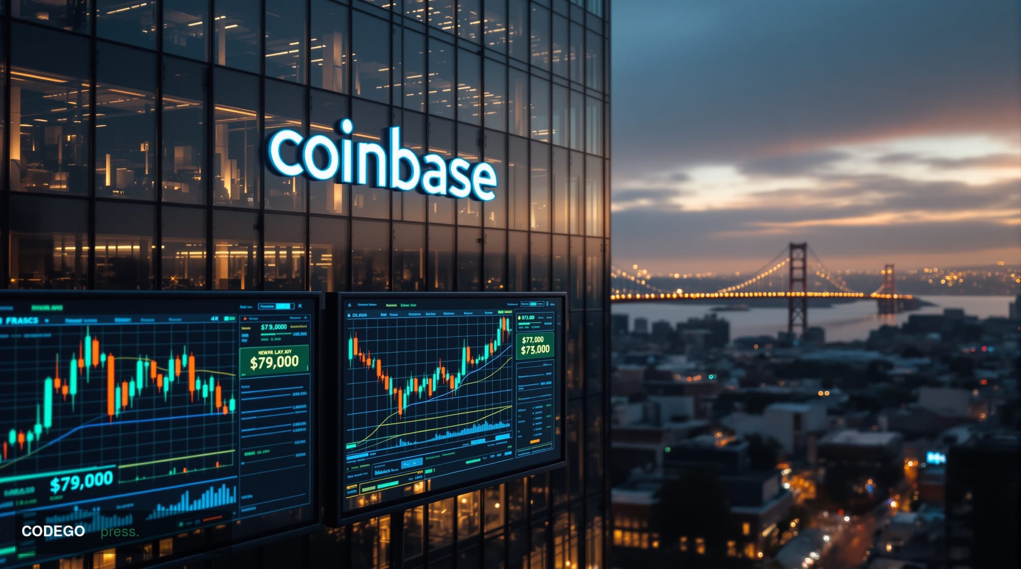 A cinematic editorial photograph showing the distinctive glass and steel architecture of Coinbase's headquarters in San Franc