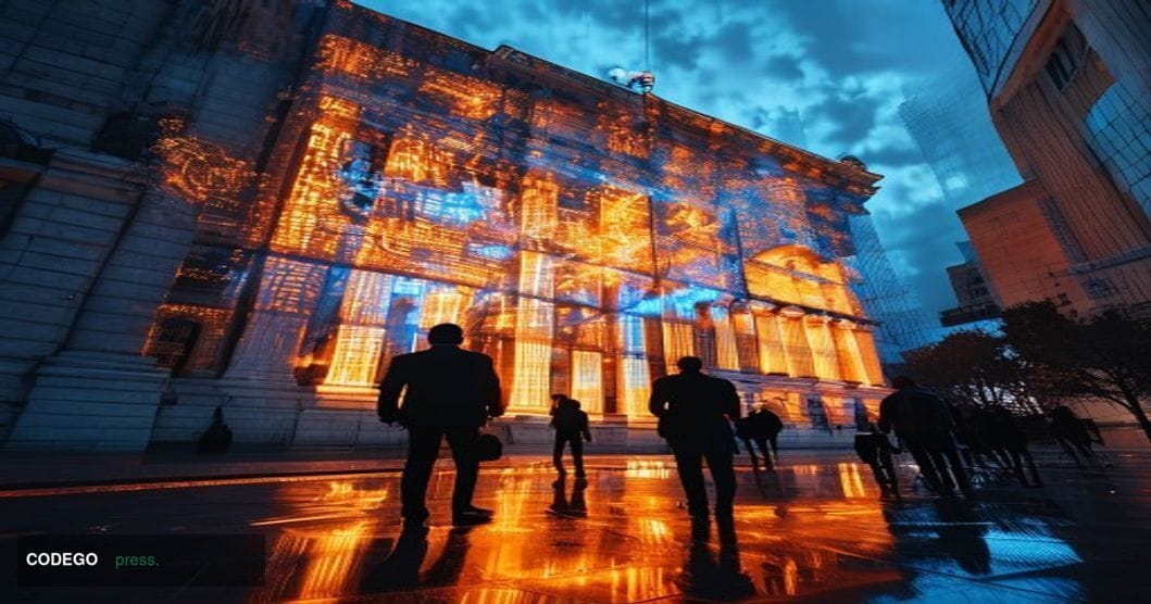 A dramatic photorealistic editorial photograph showing a towering digital display screen in a modern financial district displ