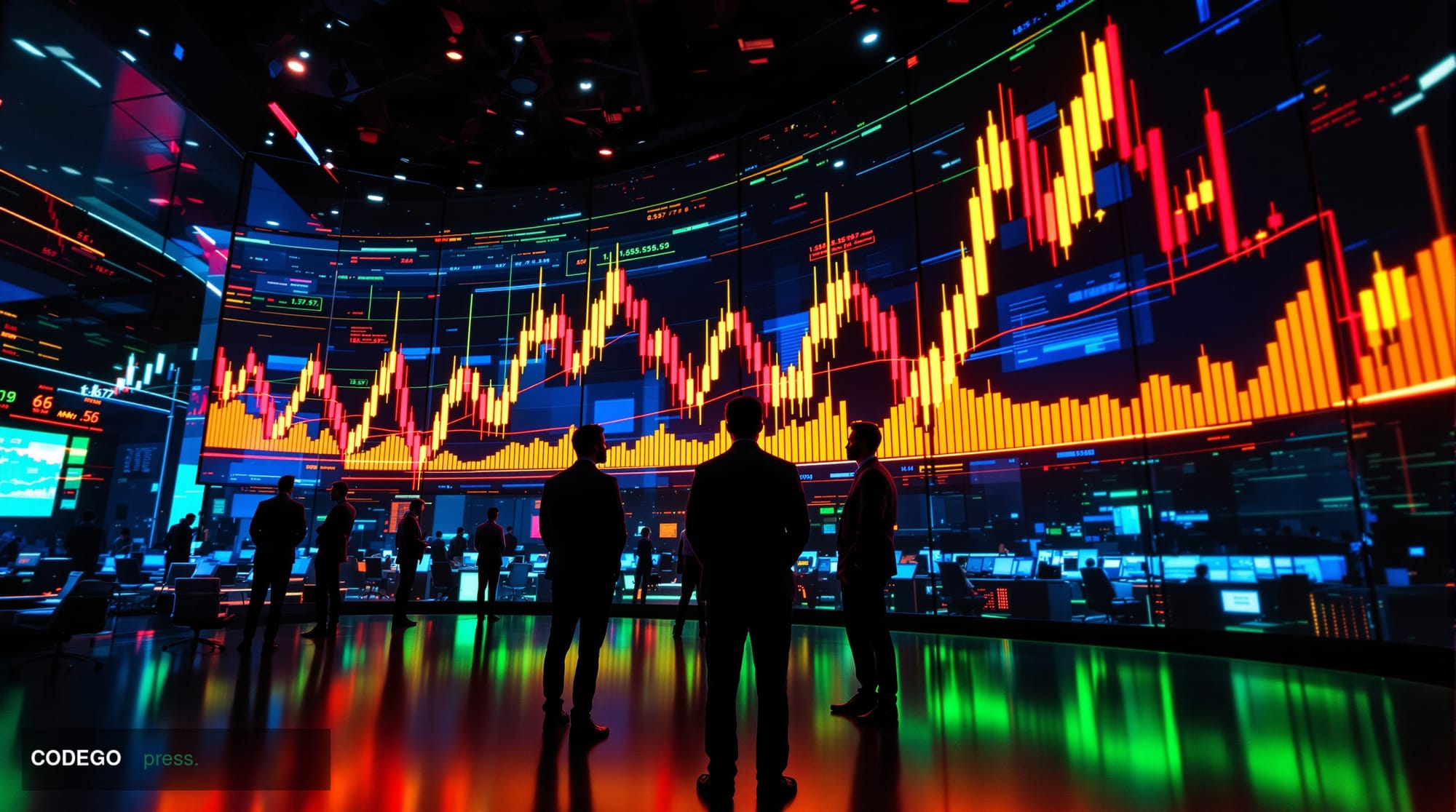 A photorealistic editorial photograph capturing Bitcoin's volatile market dynamics at a cryptocurrency trading floor or moder