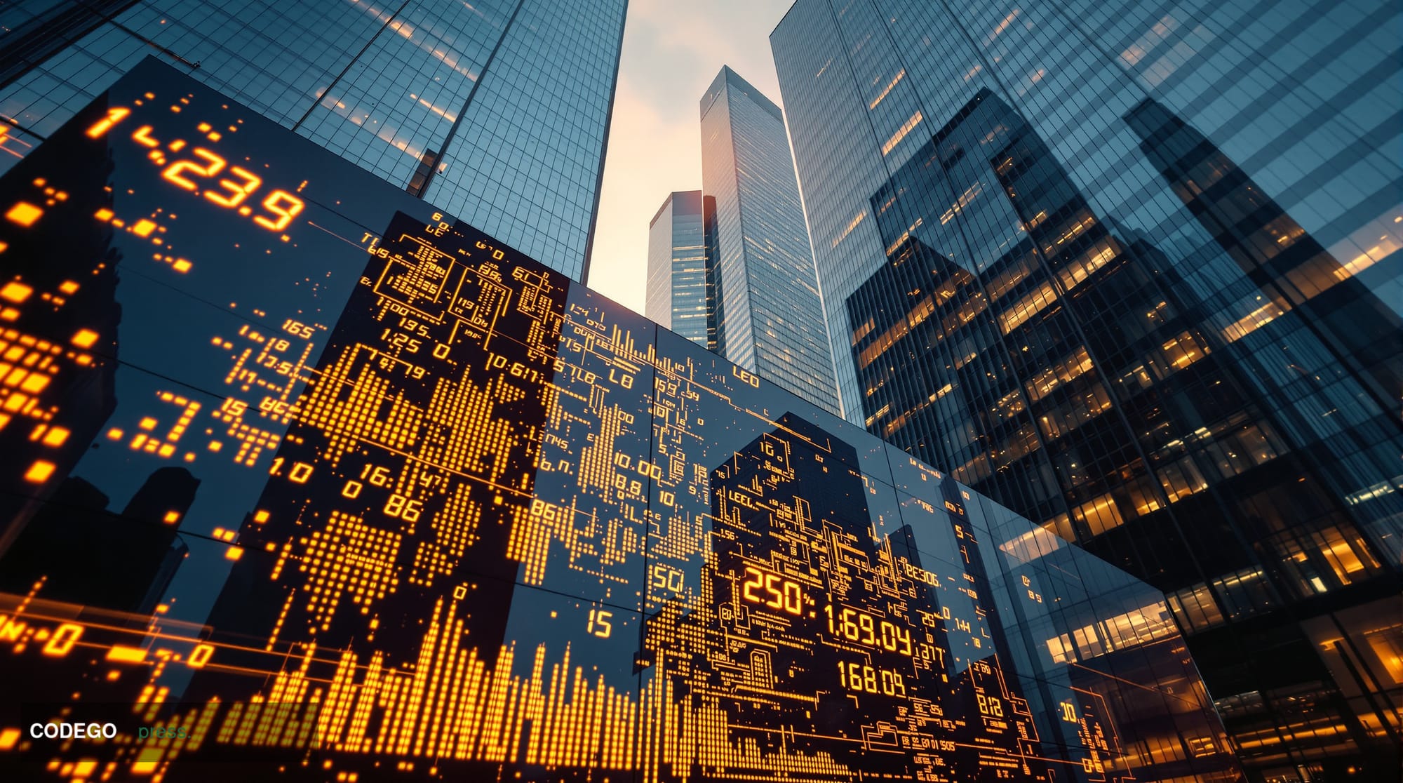 A cinematic editorial photograph capturing the financial district at dawn with towering glass skyscrapers reflecting golden s