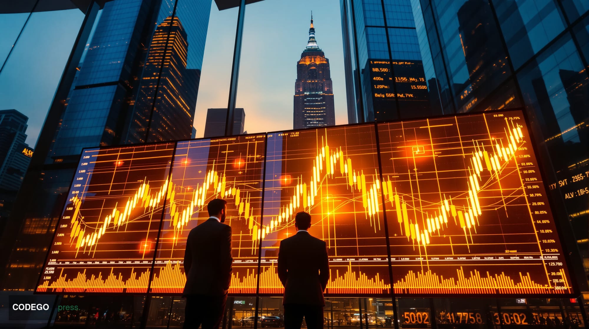 A cinematic editorial photograph capturing Bitcoin's market dynamics through a dramatic trading floor scene. The foreground s