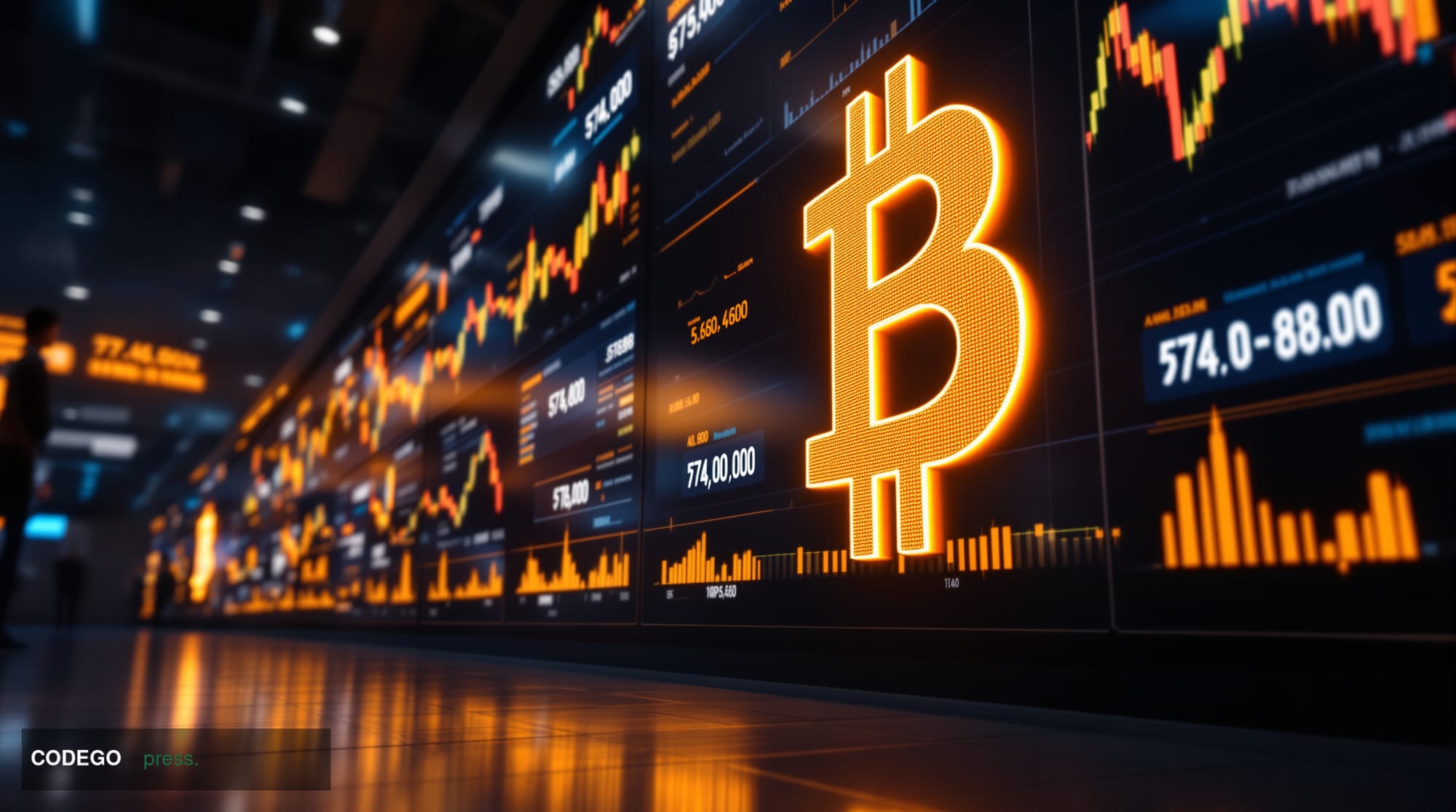 A dramatic photorealistic editorial photograph showing the iconic Bitcoin symbol prominently displayed on multiple trading sc