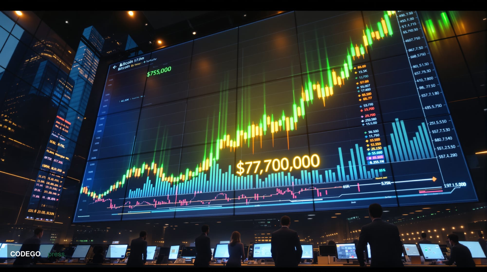 A photorealistic editorial photograph showing Bitcoin's resilience amid market turbulence, featuring a dramatic upward trendi