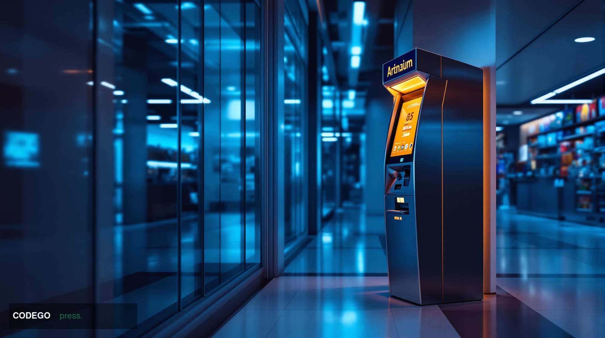 A dramatic photorealistic editorial photograph of a Bitcoin ATM kiosk in an urban setting, taken from a low angle with cinema