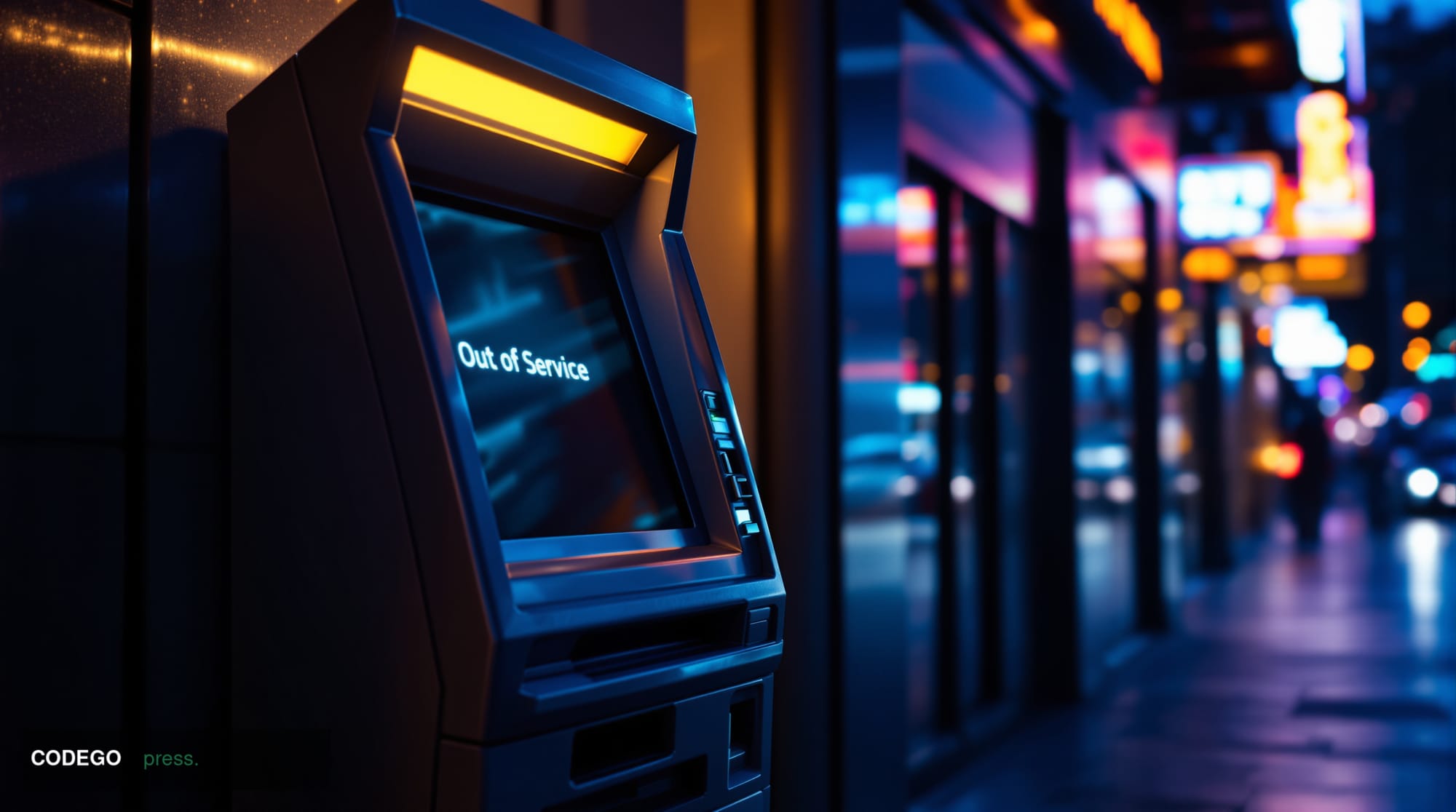 A cinematic editorial photograph showing a Bitcoin ATM machine in an urban setting, dramatically lit with warm amber street l