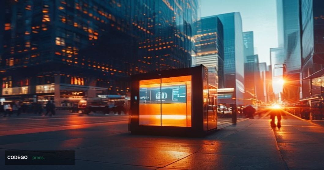A dramatic editorial photograph showcasing a Bitcoin ATM kiosk in an urban setting, shot during golden hour with cinematic li