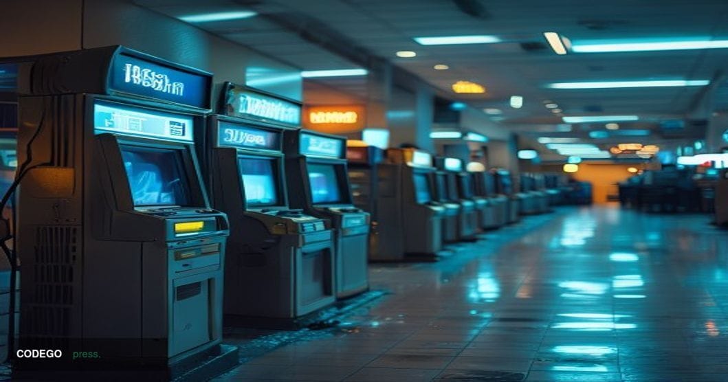 A dramatic photorealistic editorial photograph showing a row of darkened Bitcoin ATM kiosks in an abandoned shopping center o