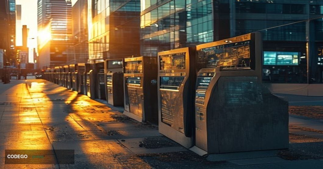 A dramatic wide-angle photograph of a row of deactivated Bitcoin ATM machines in an urban setting, shot during golden hour wi