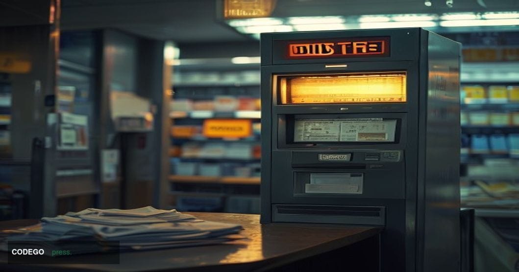 # Image Prompt:

A dramatic overhead shot of a Bitcoin ATM kiosk in a dimly lit convenience store corner, its screen dark and