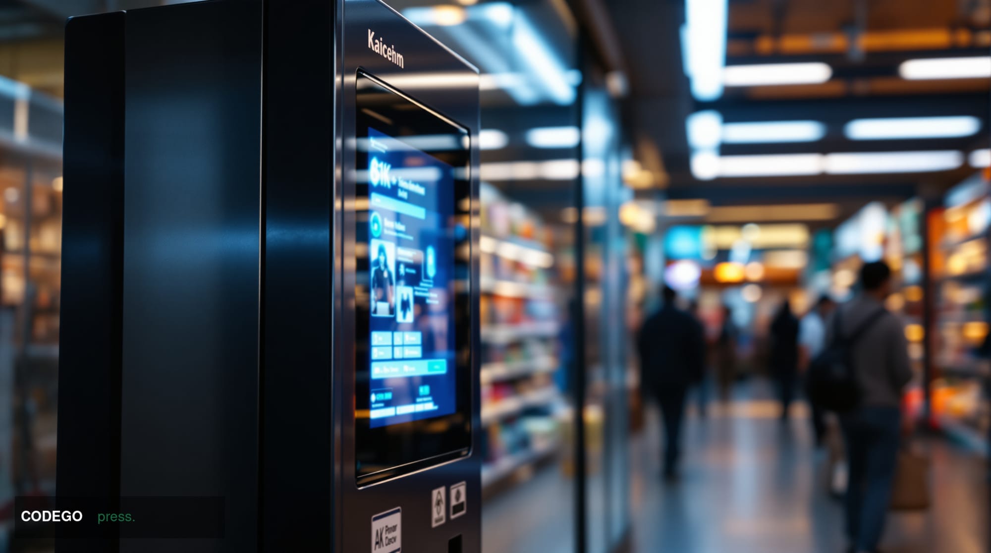 A photorealistic 8K editorial photograph of a Bitcoin ATM machine in an urban retail environment, shot from a low angle to em